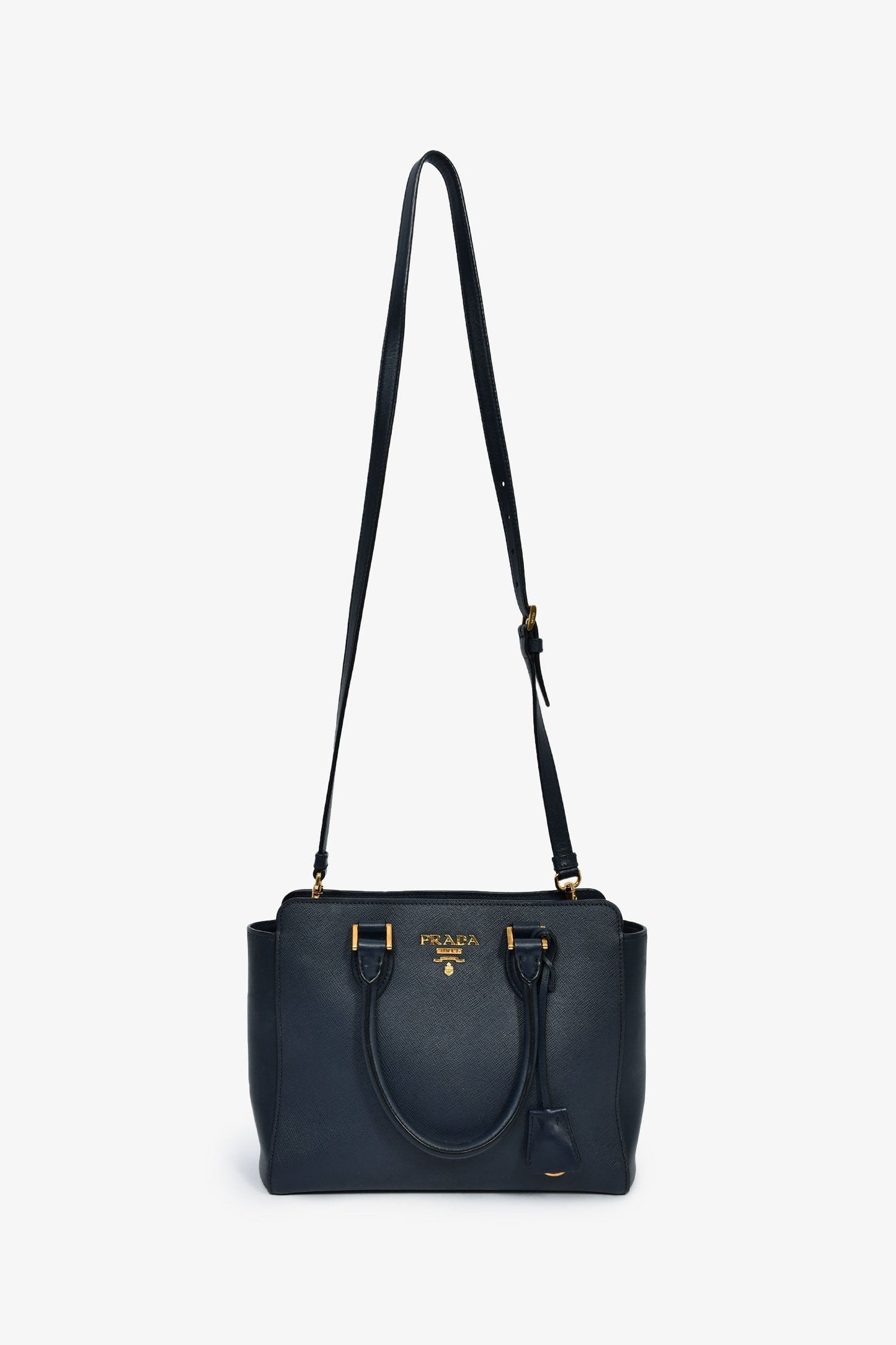 Prada Navy Blue Saffiano Leather Convertible Open Tote With Strap
