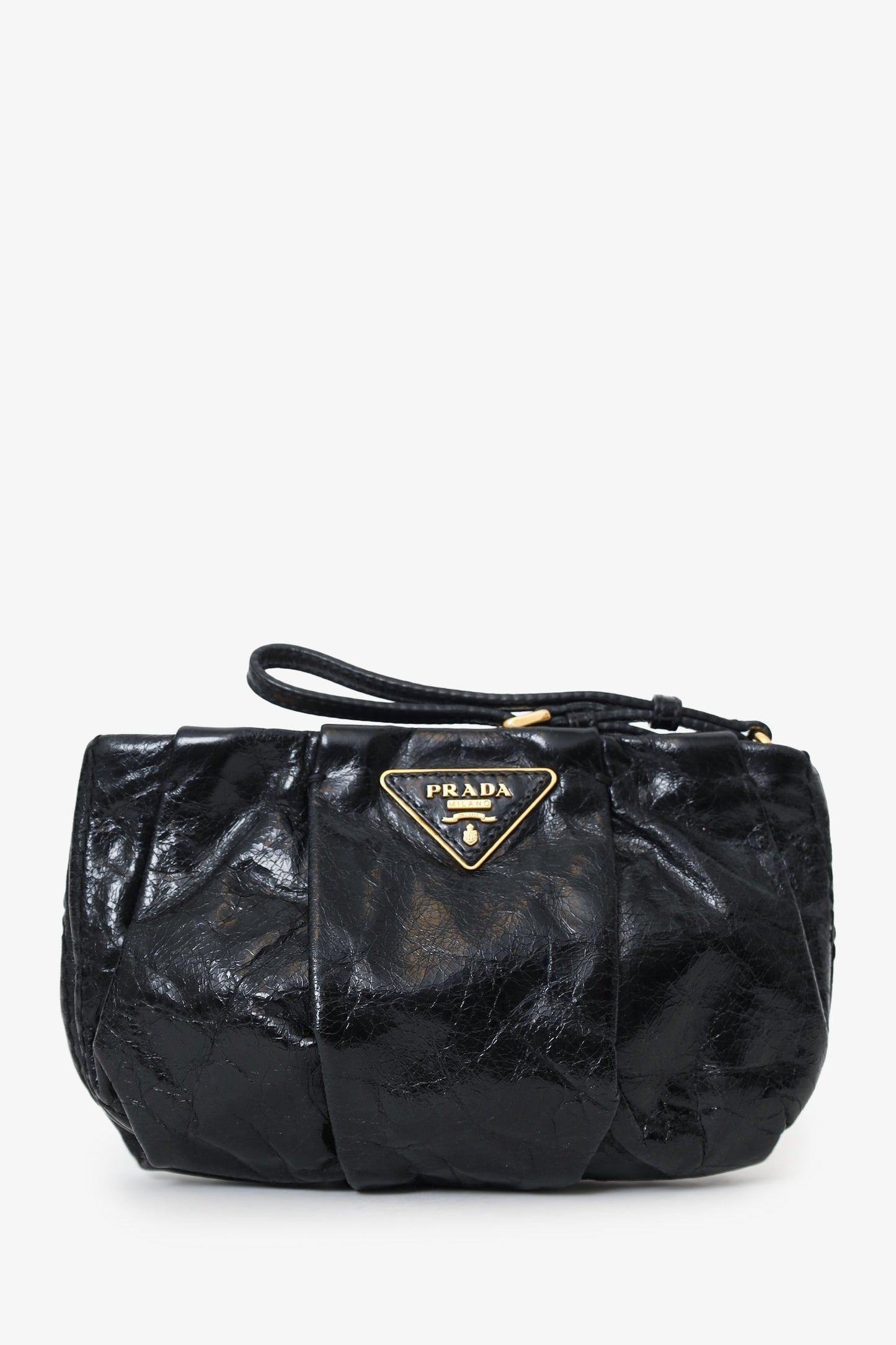 Prada Black Vitello Shine Leather Bow Wristlet Clutch Bag