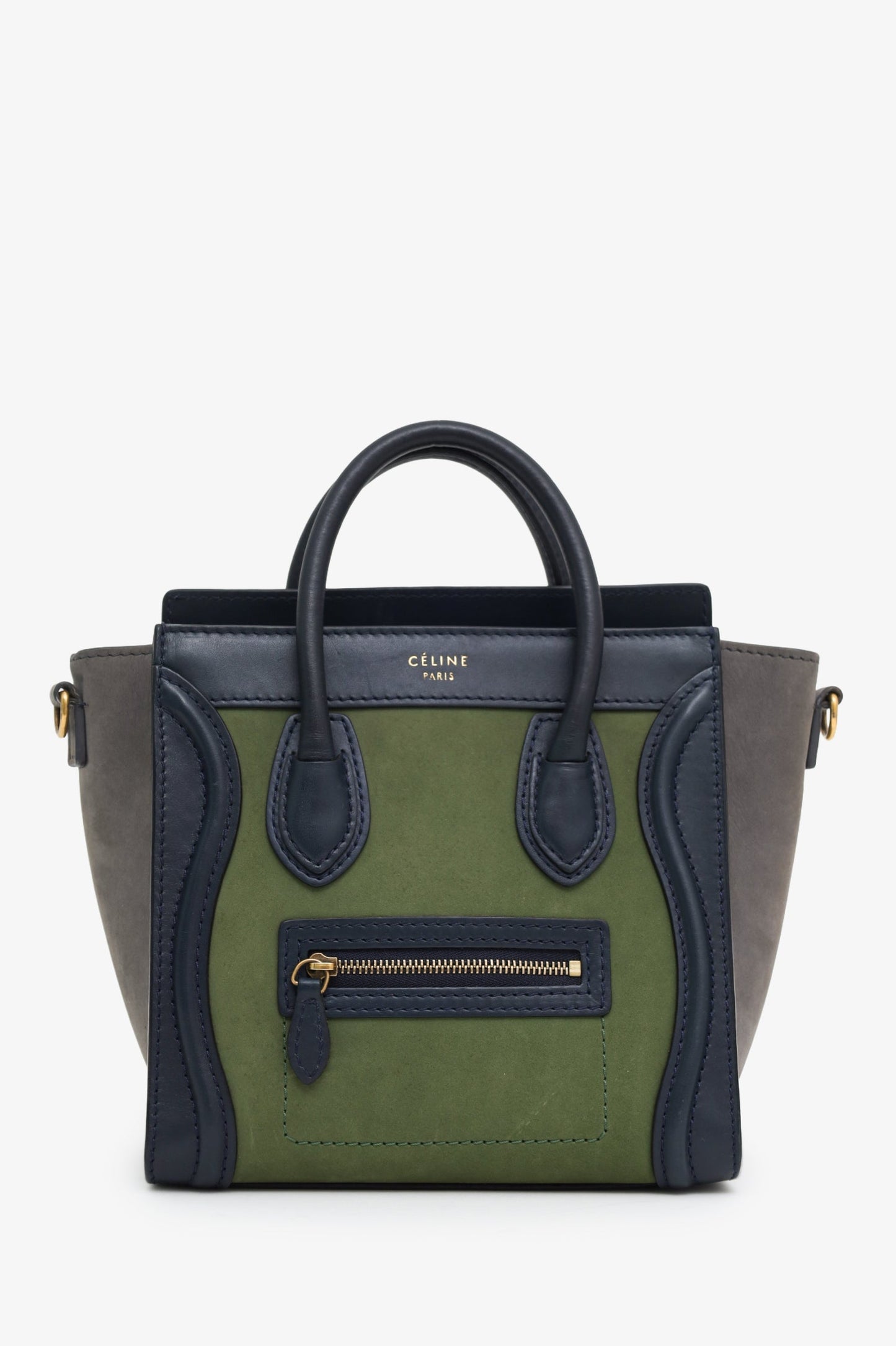 Celine Navy/Green Leather Nano Luggage Bag With Strap