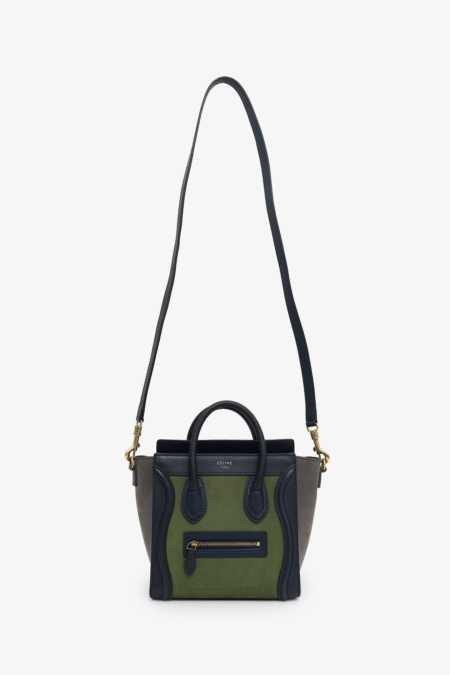 Celine Navy/Green Leather Nano Luggage Bag With Strap