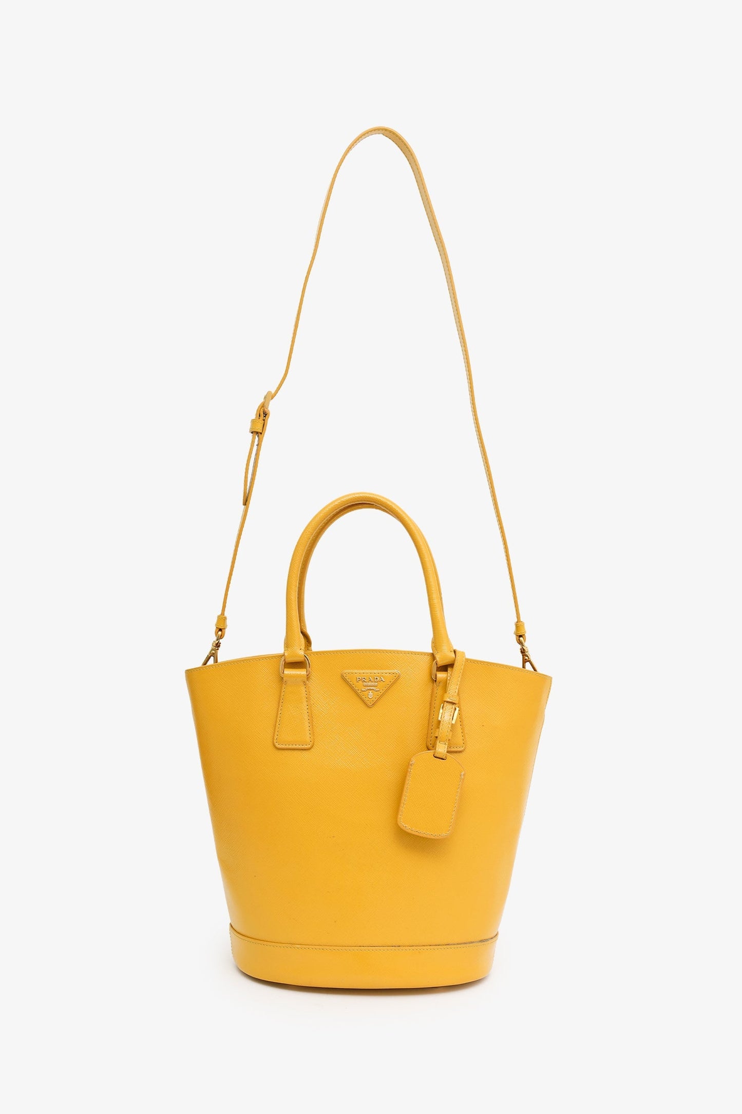 Prada Yellow Saffiano Vernice Bucket Bag With Strap