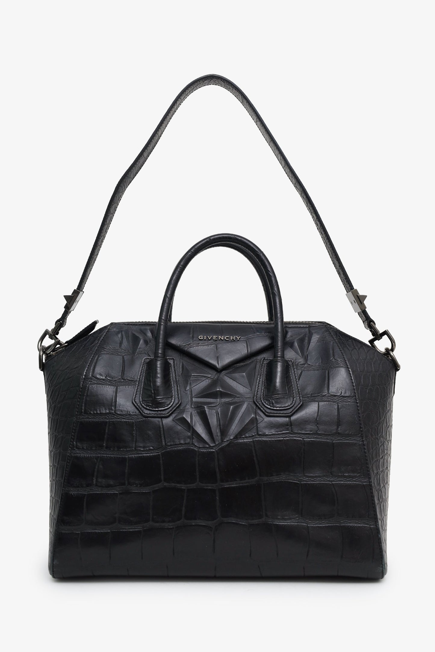 Givenchy Black Embossed Medium Antigona Top Handle Bag With Strap