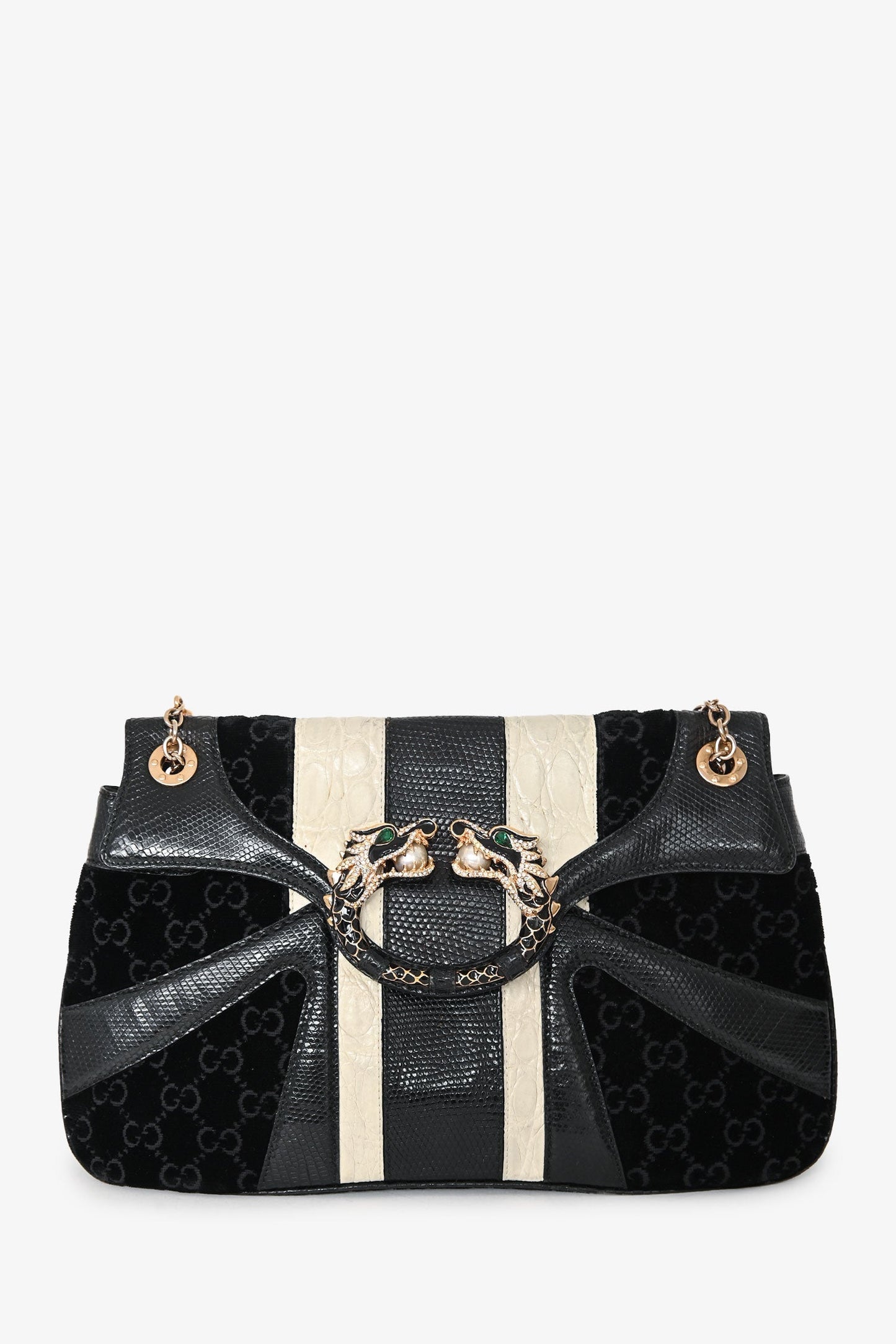 Gucci Black/White Lizard/Velvet Leather Dragon Head Shoulder Bag