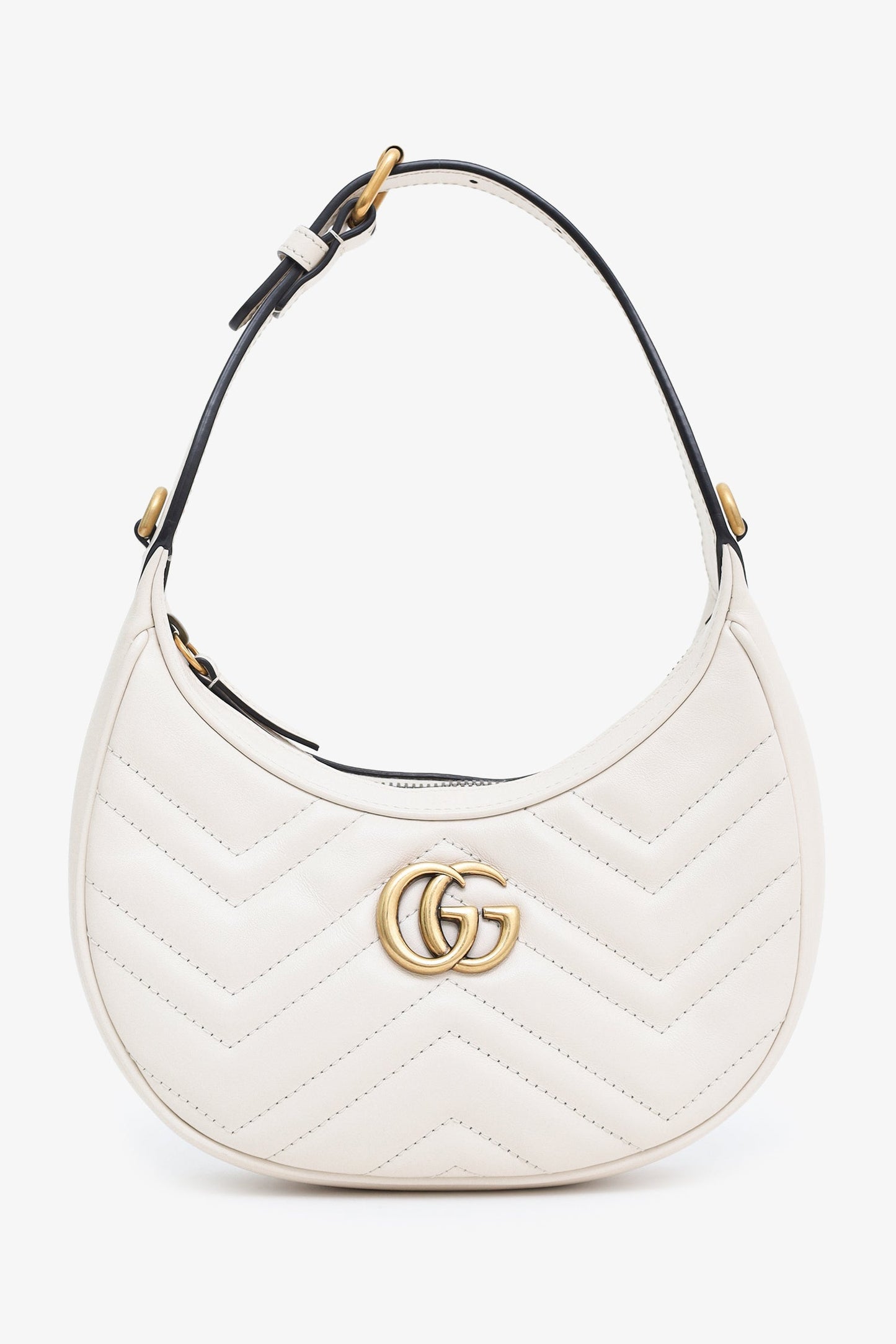 Gucci White Leather Mini GG Marmont Half Moon Shaped Bag