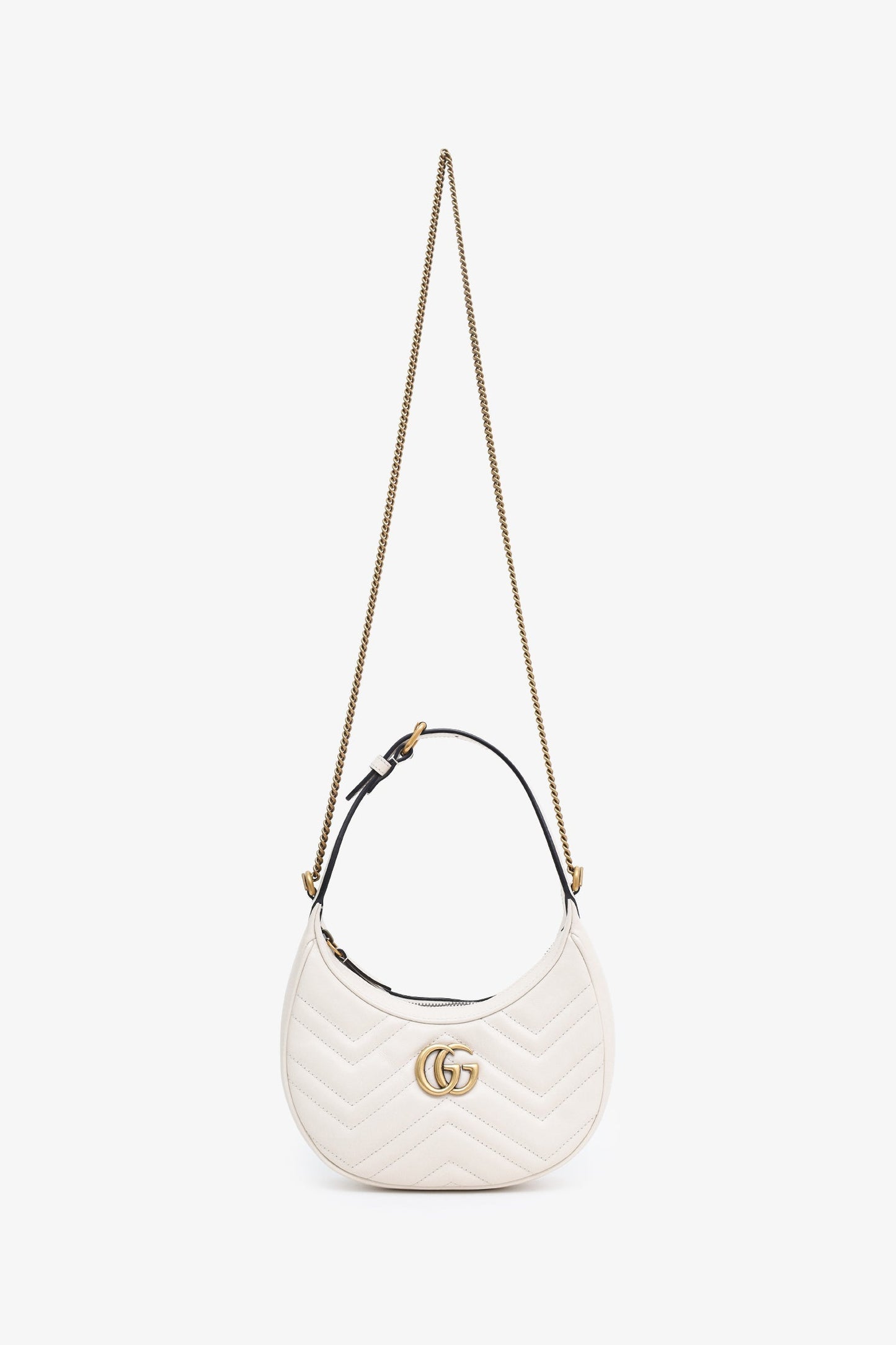 Gucci White Leather Mini GG Marmont Half Moon Shaped Bag