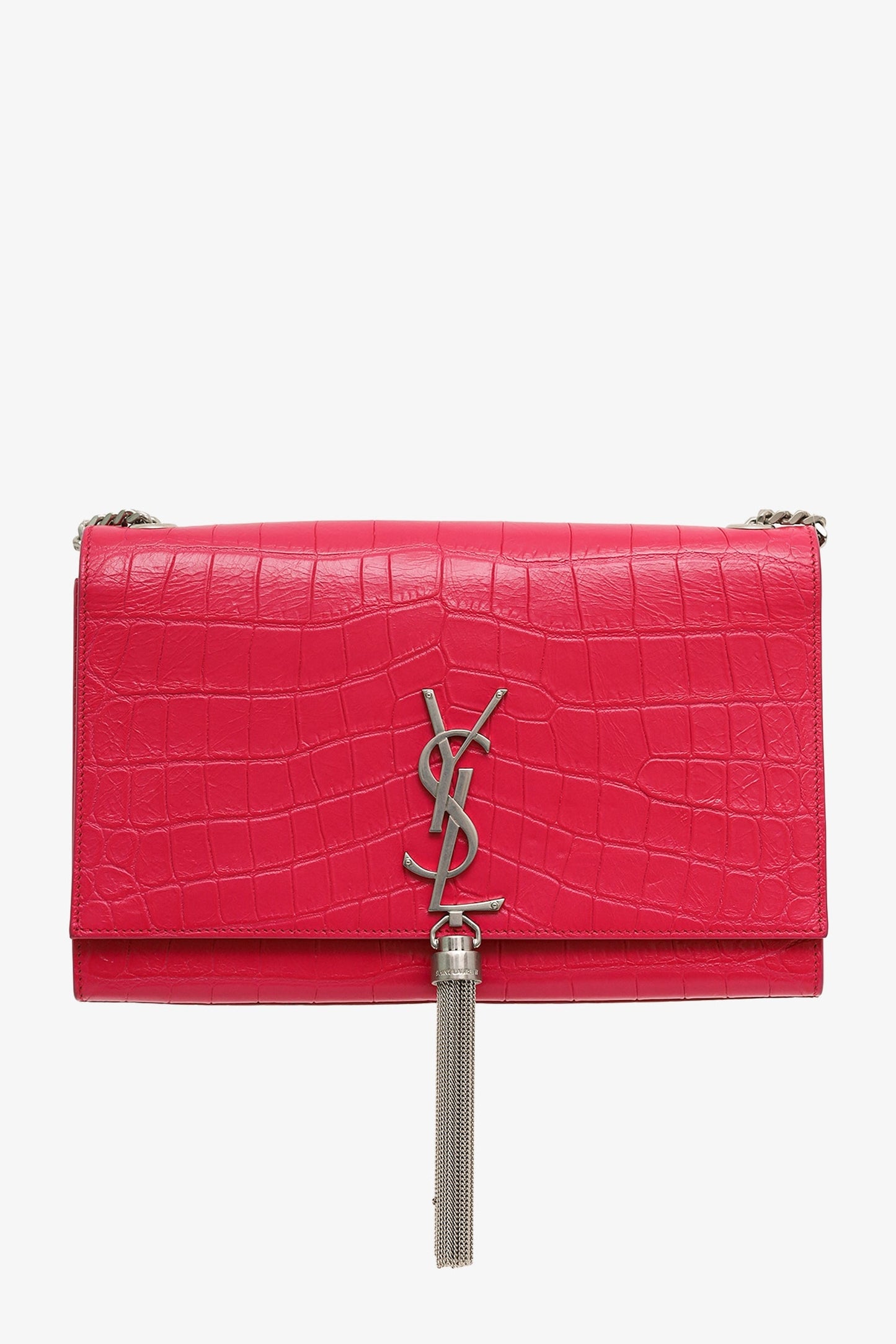 Saint Laurent Pink Leather Croc Embossed Medium 'Kate' Tassel Crossbody Bag