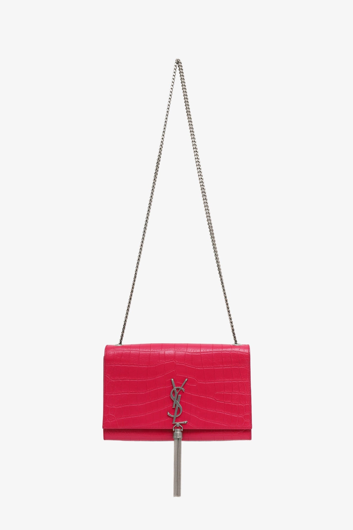 Saint Laurent Pink Leather Croc Embossed Medium 'Kate' Tassel Crossbody Bag