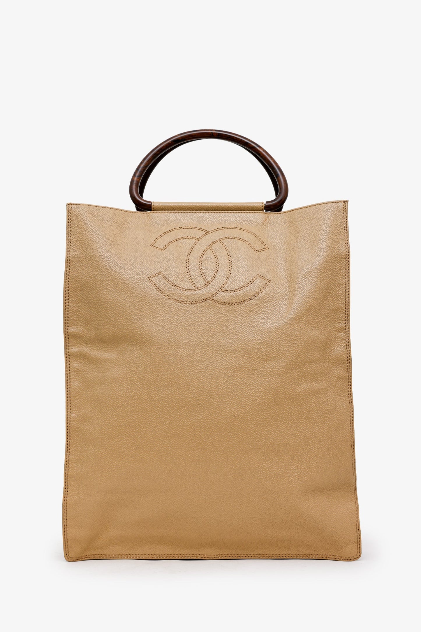 Chanel™ Beige Caviar Leather Wooden Top Handle Bag