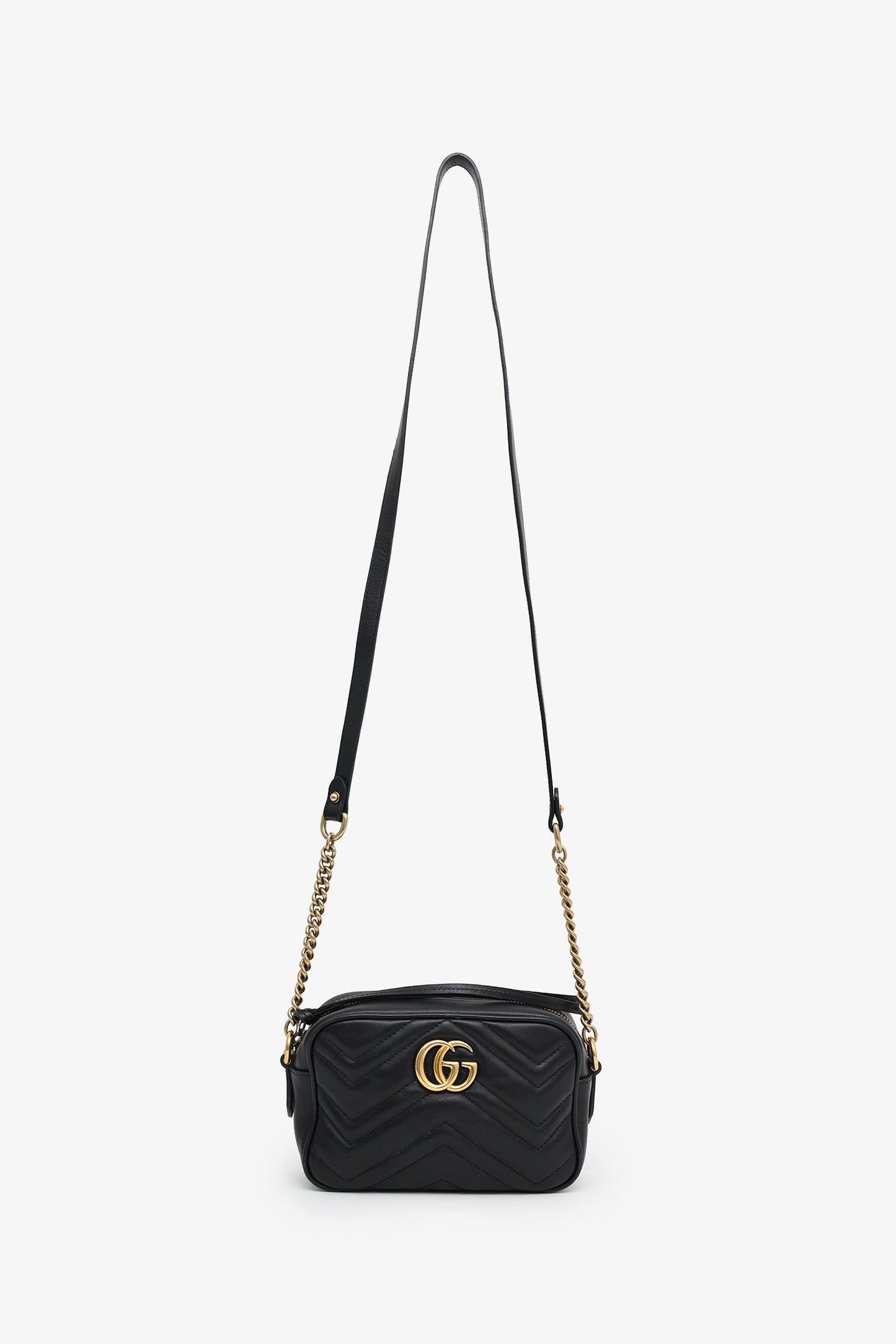 Gucci Black GG Quilted Chevron Leather Marmont Mini Camera Bag