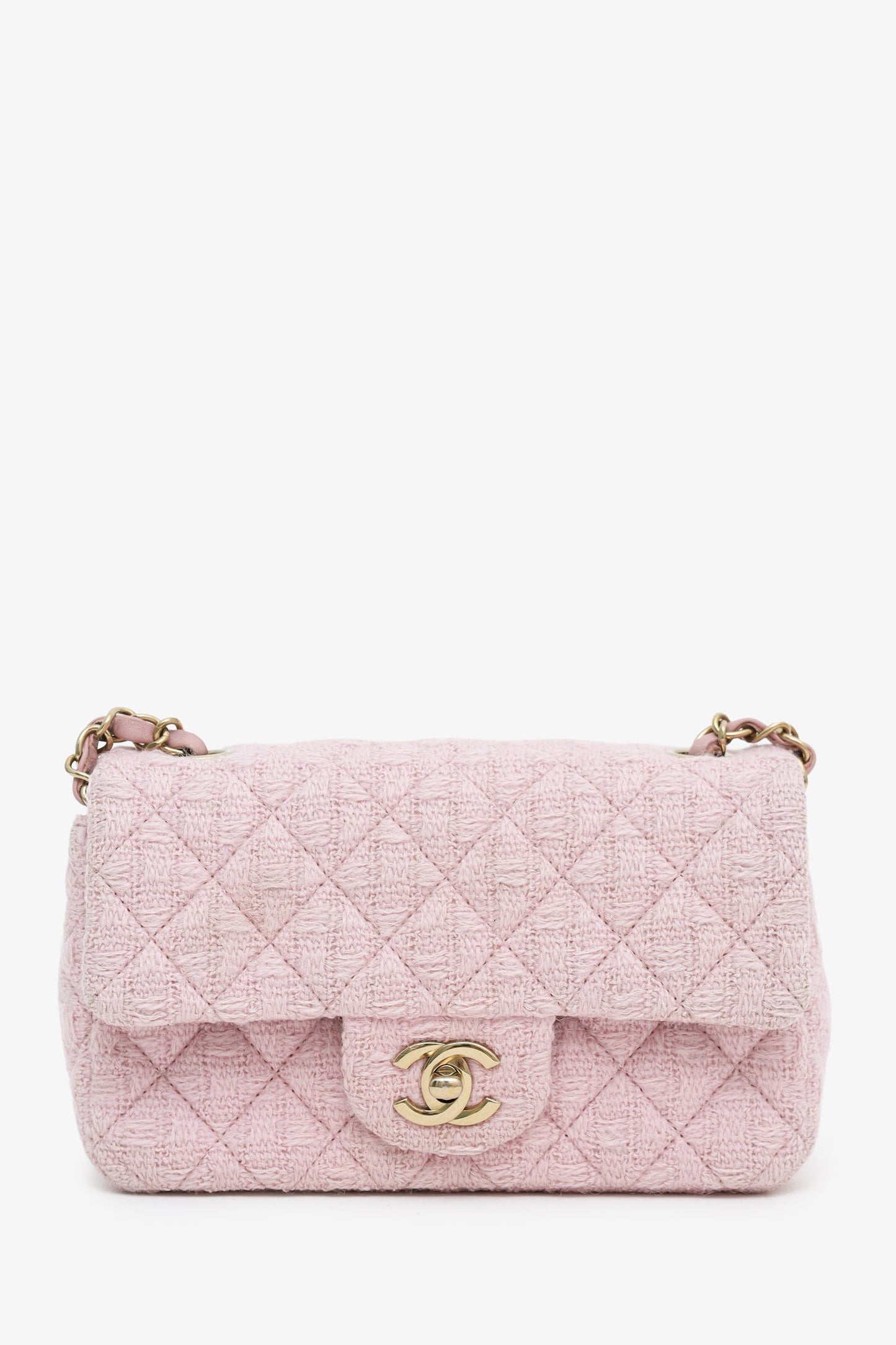Chanel™ Pink Tweed Quilted Mini Rectangular Flap Bag