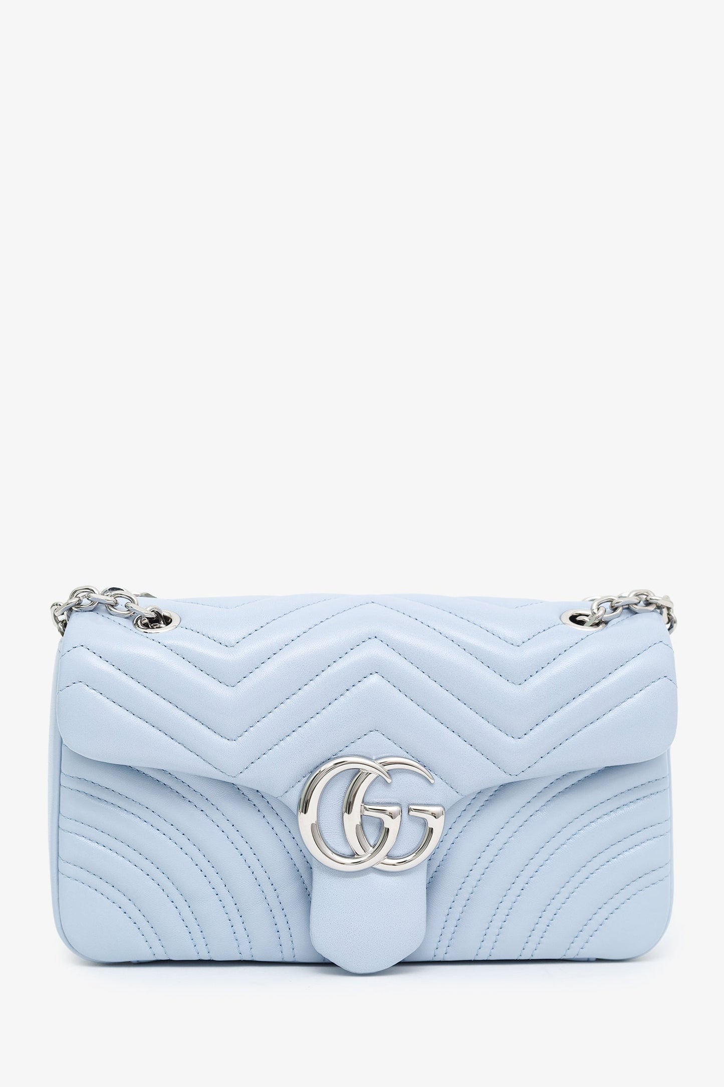 Gucci Light Blue Lambskin Matelasse Small GG Marmont Double Chain Shoulder Bag