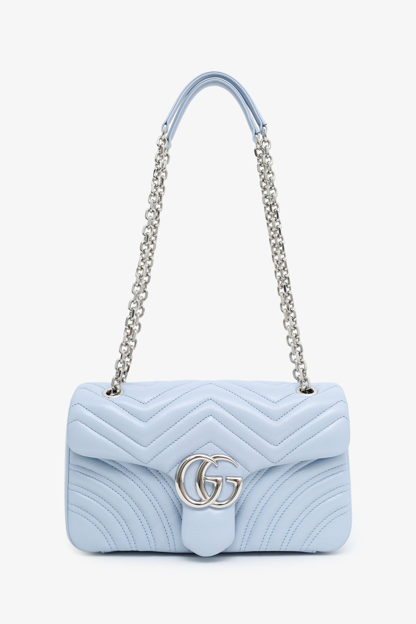 Gucci Light Blue Lambskin Matelasse Small GG Marmont Double Chain Shoulder Bag