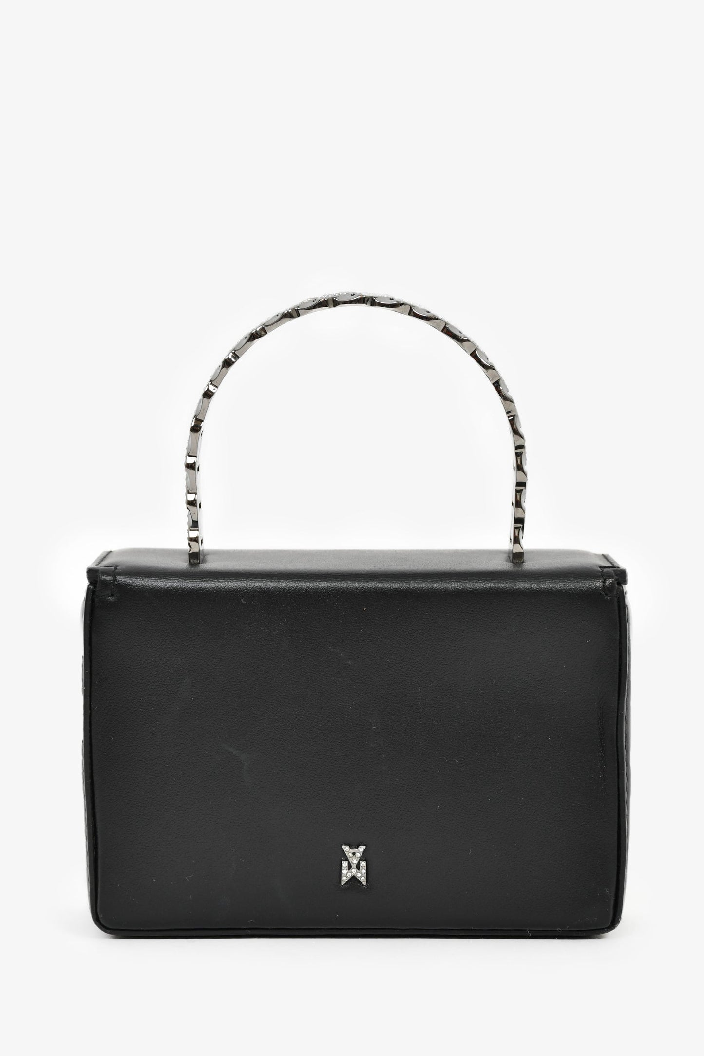 Amina Muaddi Black Leather Crystal Super Mini Top Handle Bag