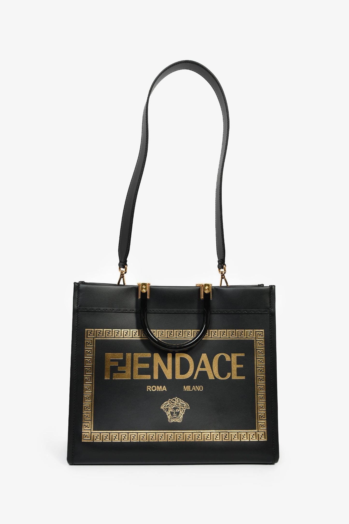Fendi x Versace Black Leather 'Fendace Sunshine Shopper' Tote