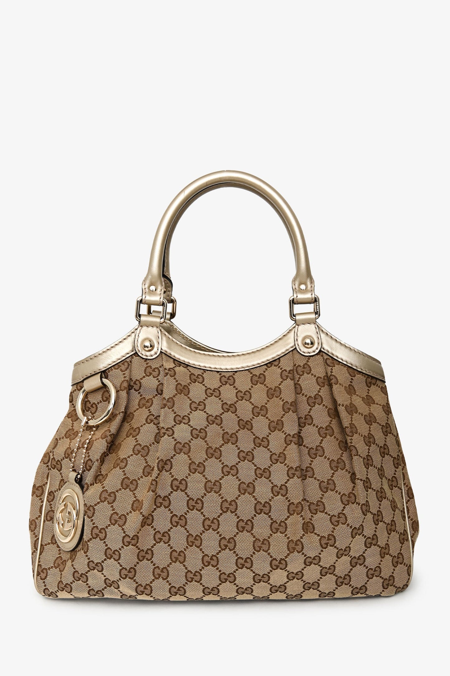 Gucci Beige/Gold Leather Trim GG Canvas Medium Sukey Tote Bag