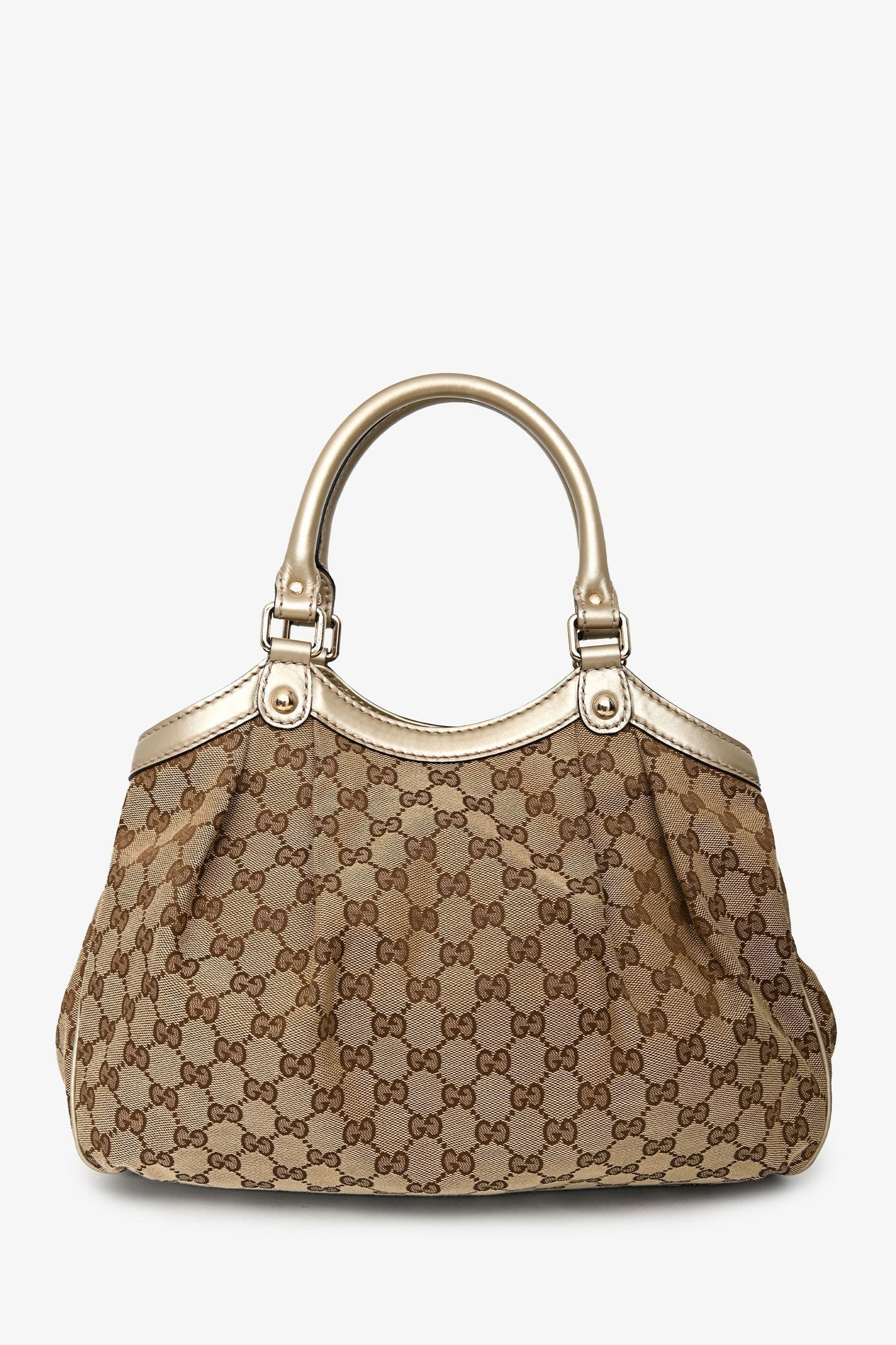 Gucci Beige/Gold Leather Trim GG Canvas Medium Sukey Tote Bag