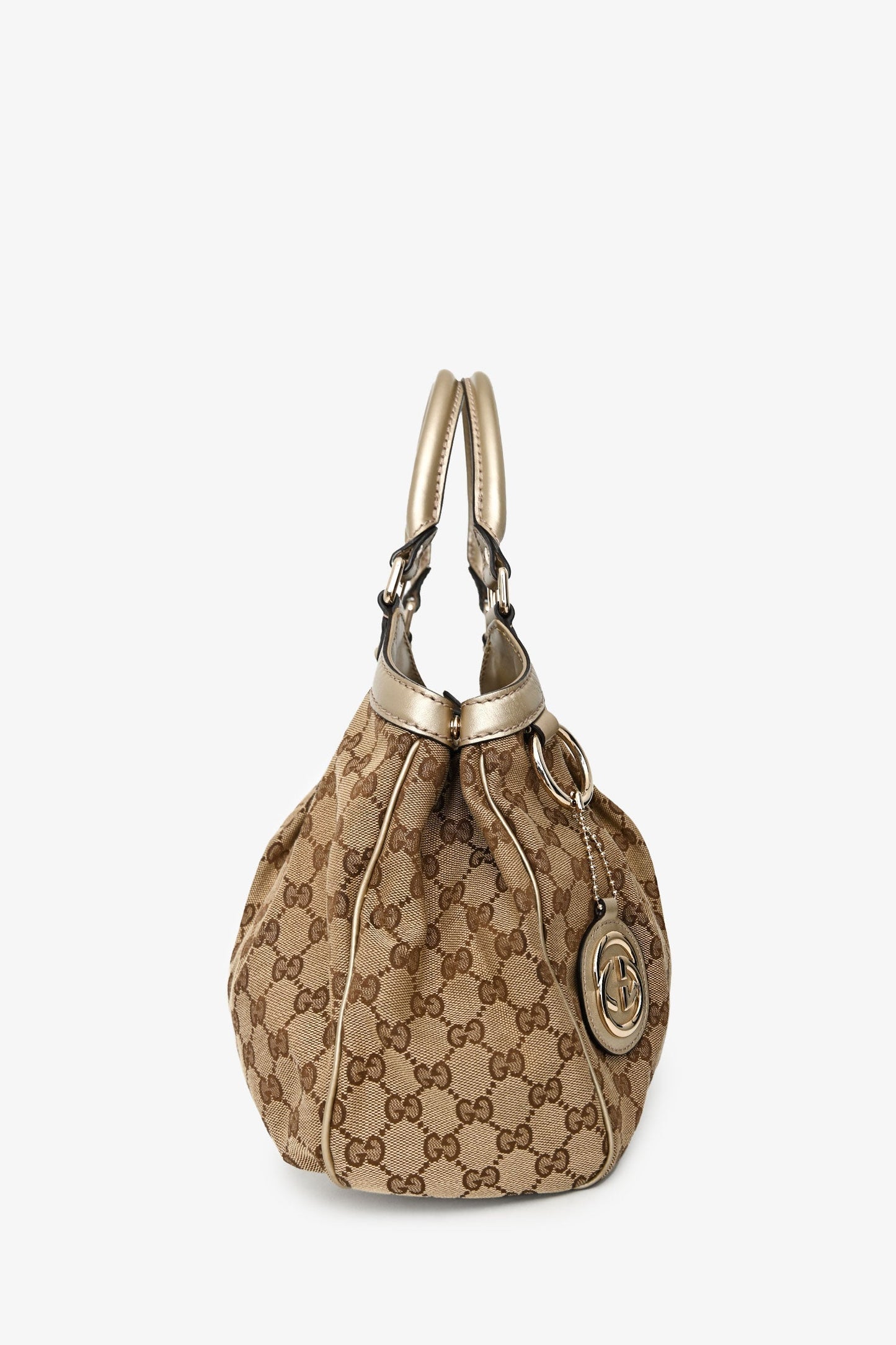 Gucci Beige/Gold Leather Trim GG Canvas Medium Sukey Tote Bag