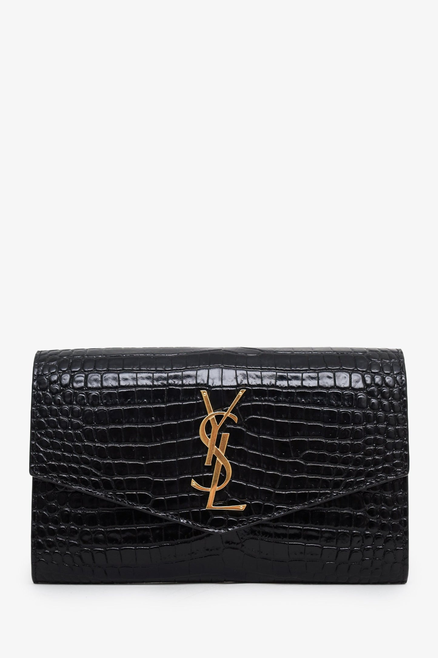 Saint Laurent Black Croc Embossed Leather Uptown Chain Wallet With Insert