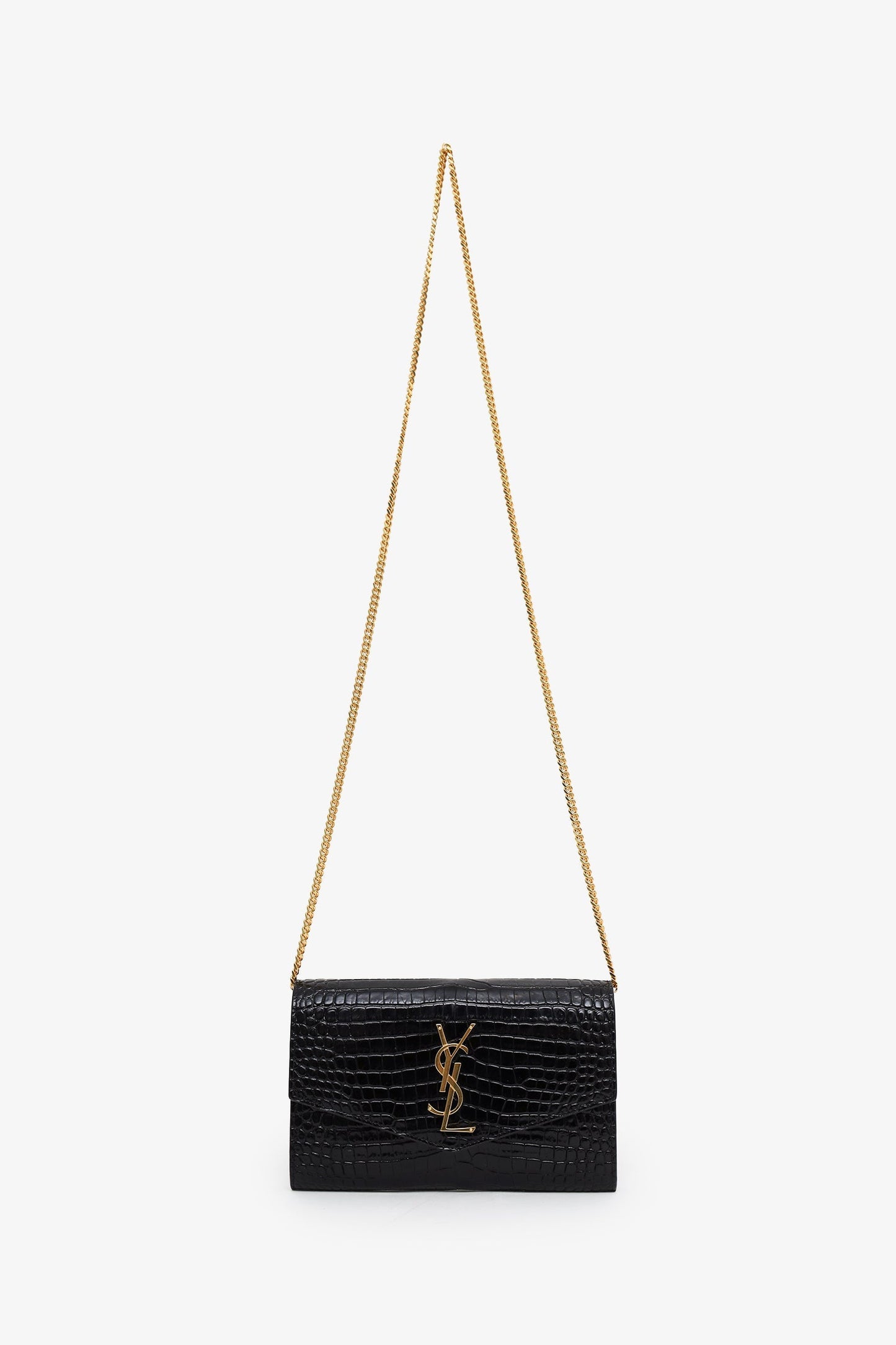 Saint Laurent Black Croc Embossed Leather Uptown Chain Wallet With Insert