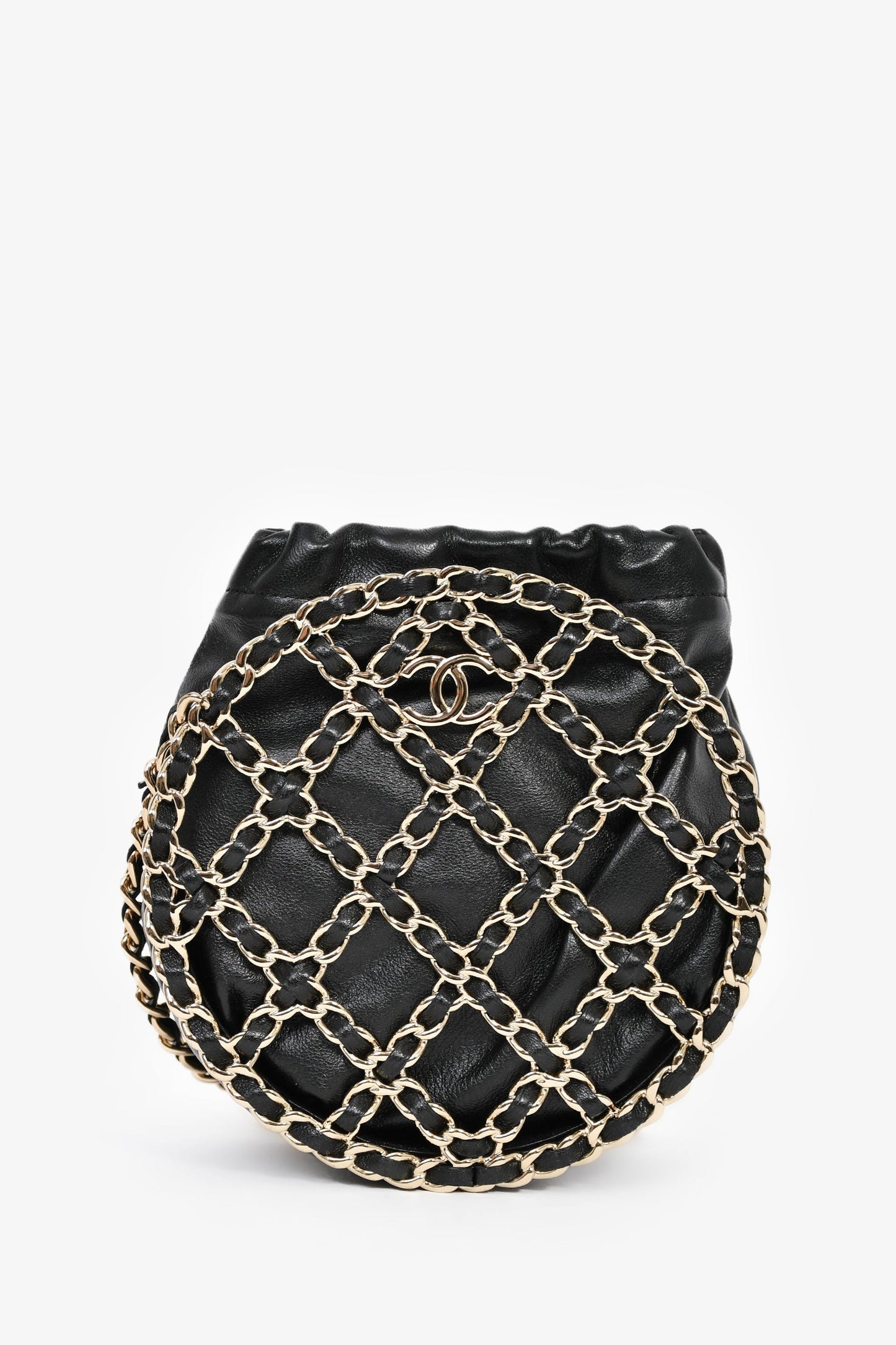 Chanel™ Runway 2022 Black Lambskin Leather CC Logo Round Caged Crossbody Bag