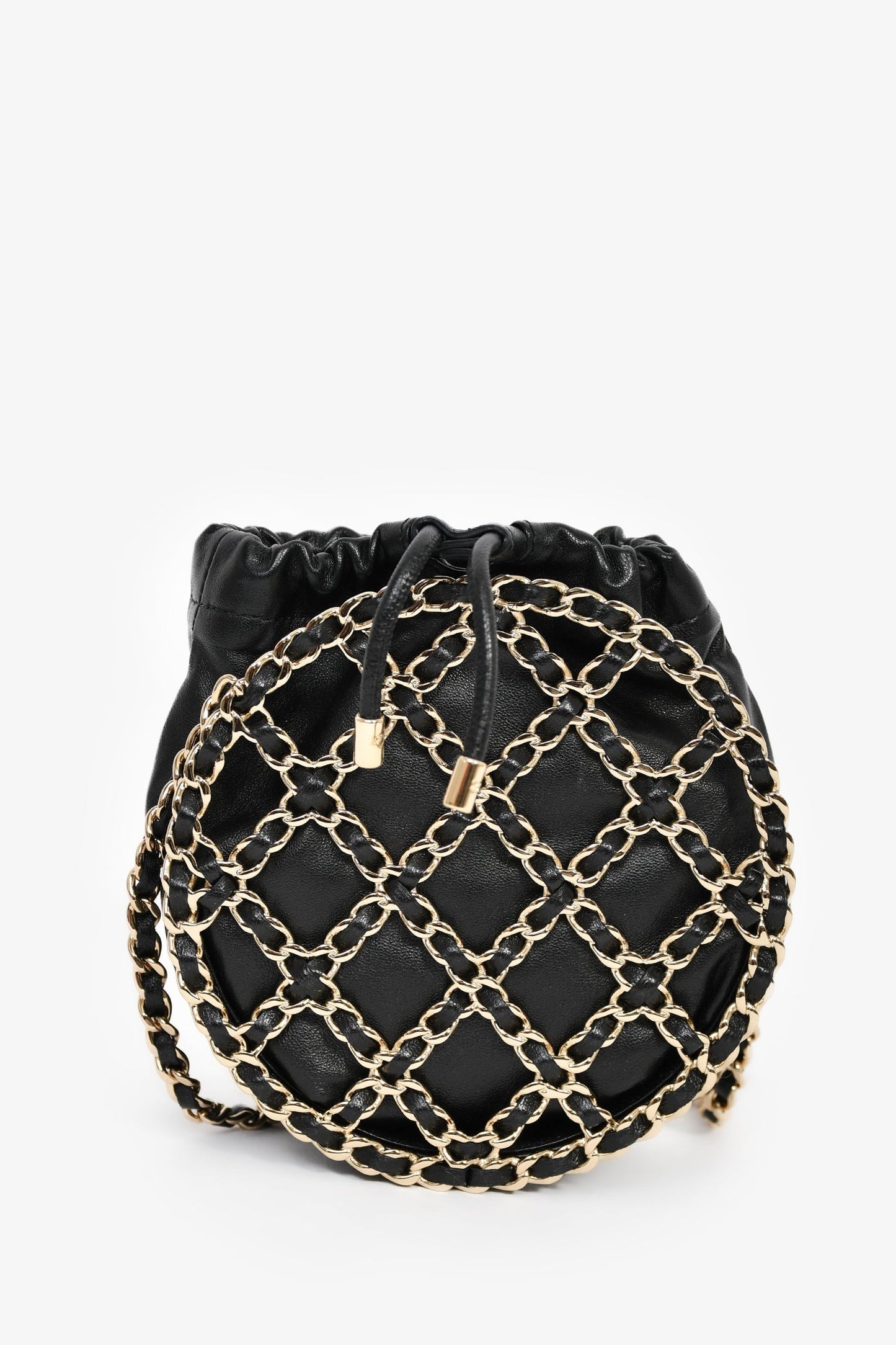 Chanel™ Runway 2022 Black Lambskin Leather CC Logo Round Caged Crossbody Bag