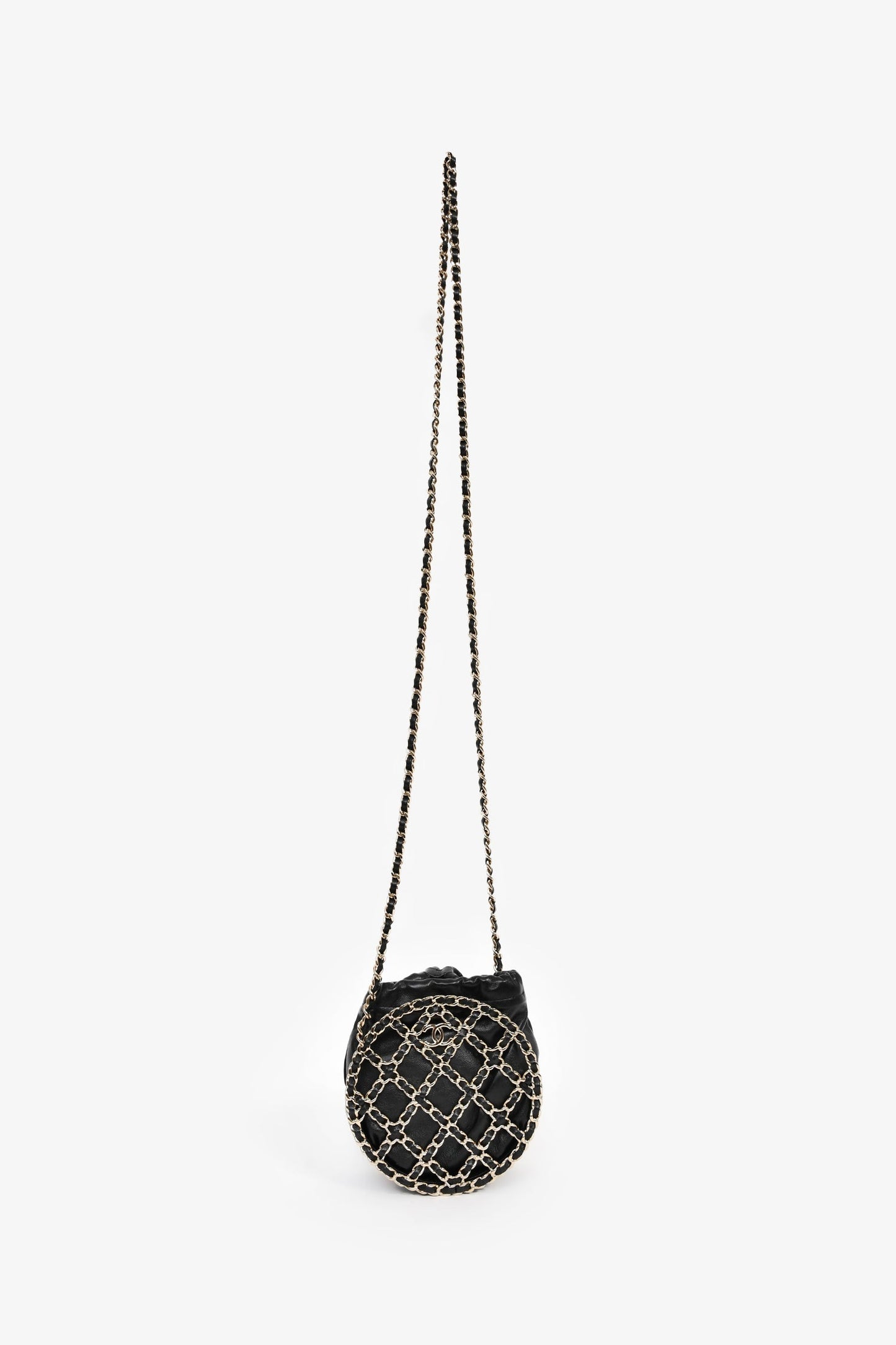 Chanel™ Runway 2022 Black Lambskin Leather CC Logo Round Caged Crossbody Bag