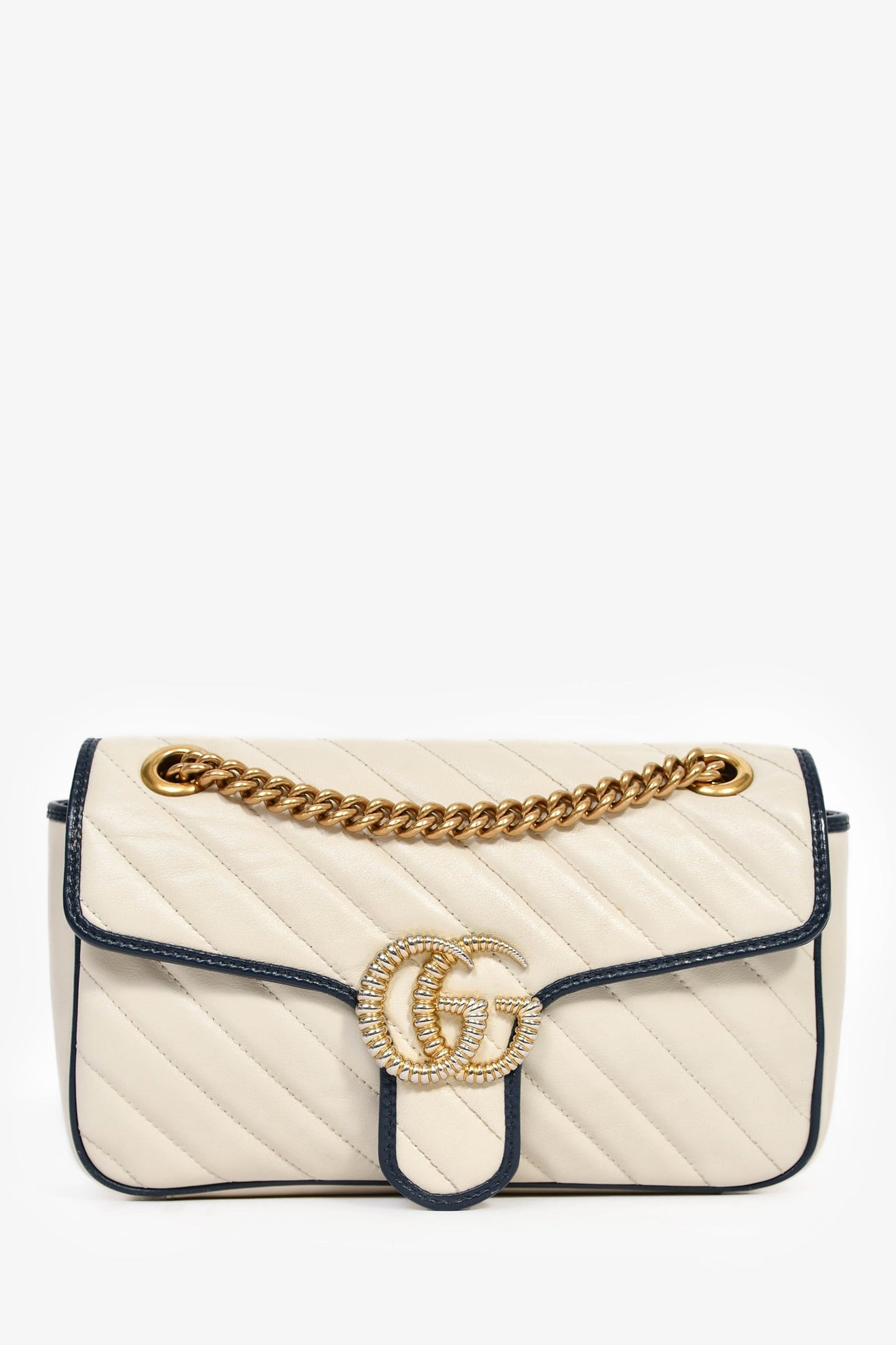 Gucci Cream/Navy Leather Marmont Small Shoulder Bag