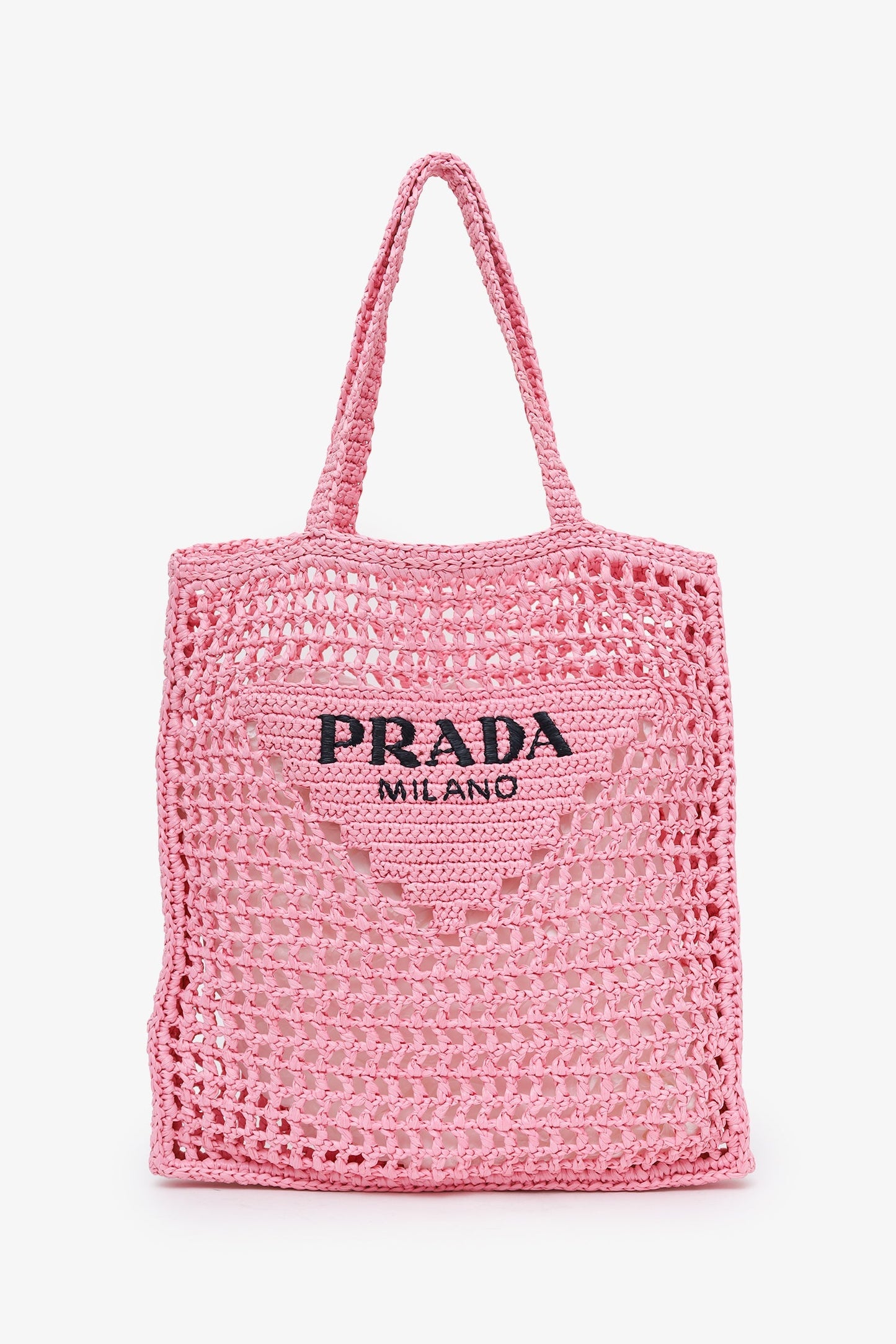 Prada Pink Raffia Crochet Logo Tote Bag