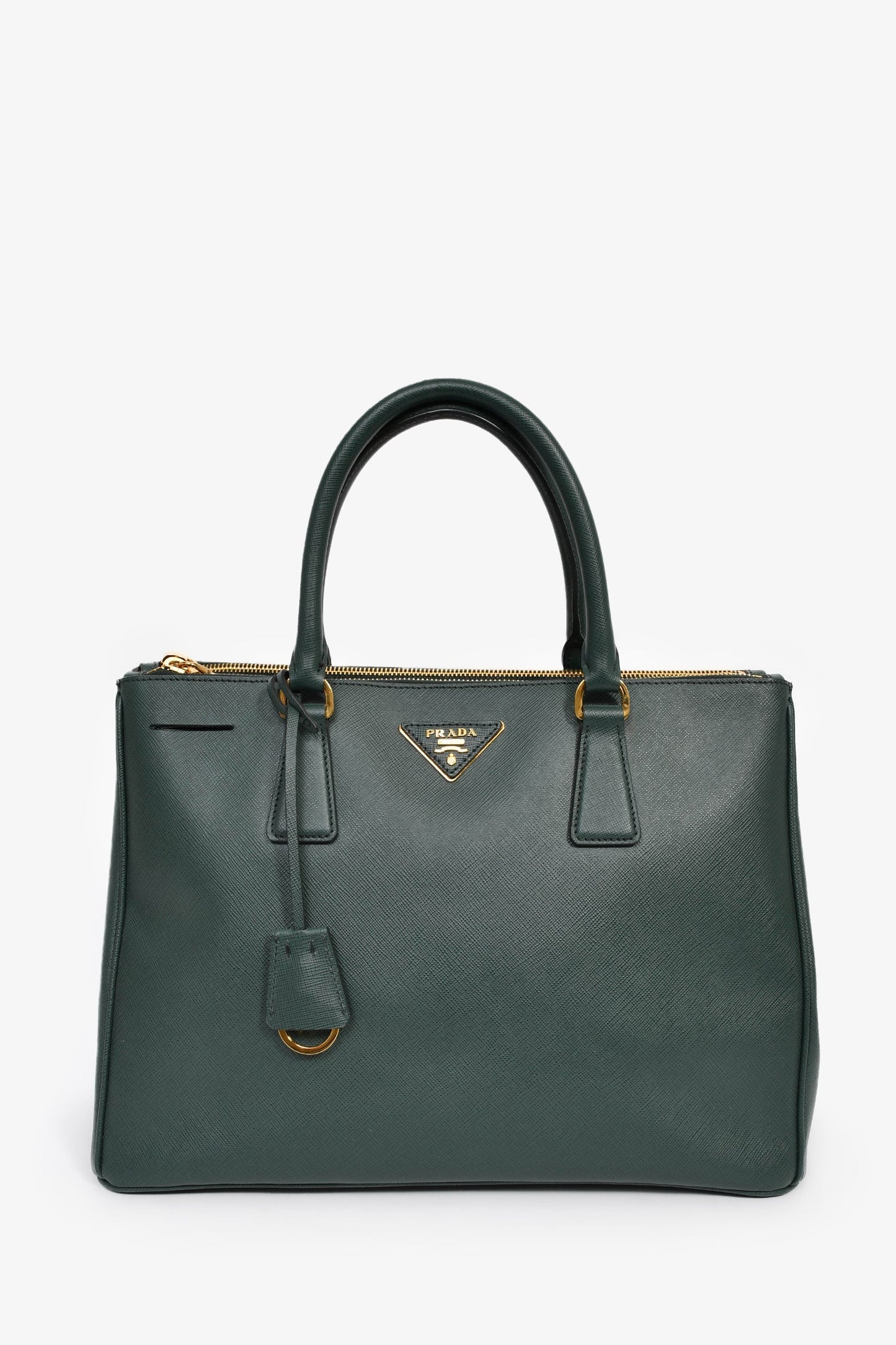 Prada Dark Green Saffiano Leather Double Zip Large Galleria wtih Strap