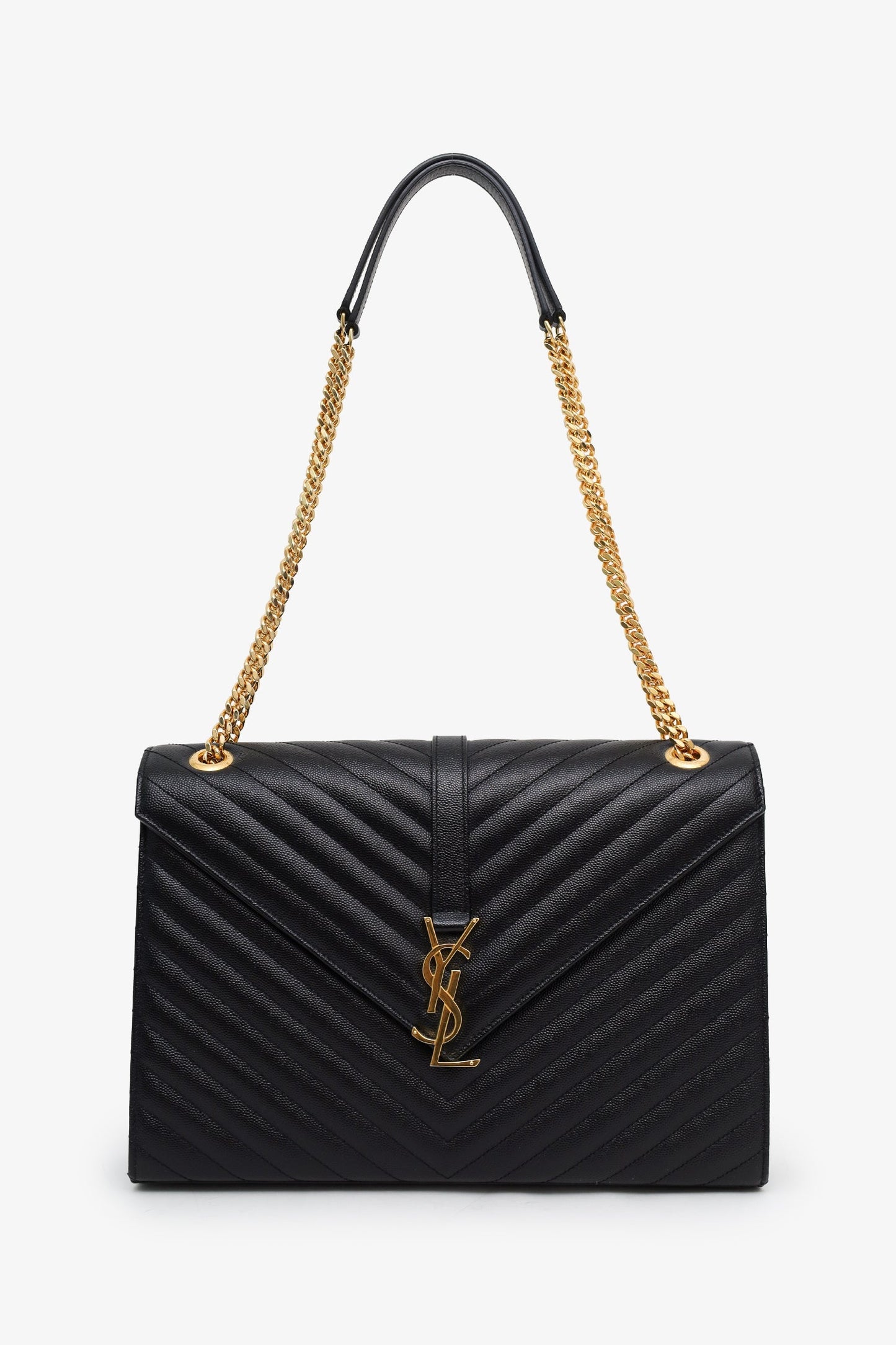 Saint Laurent Black Chevron Grained Leather Large Envelope Bag
