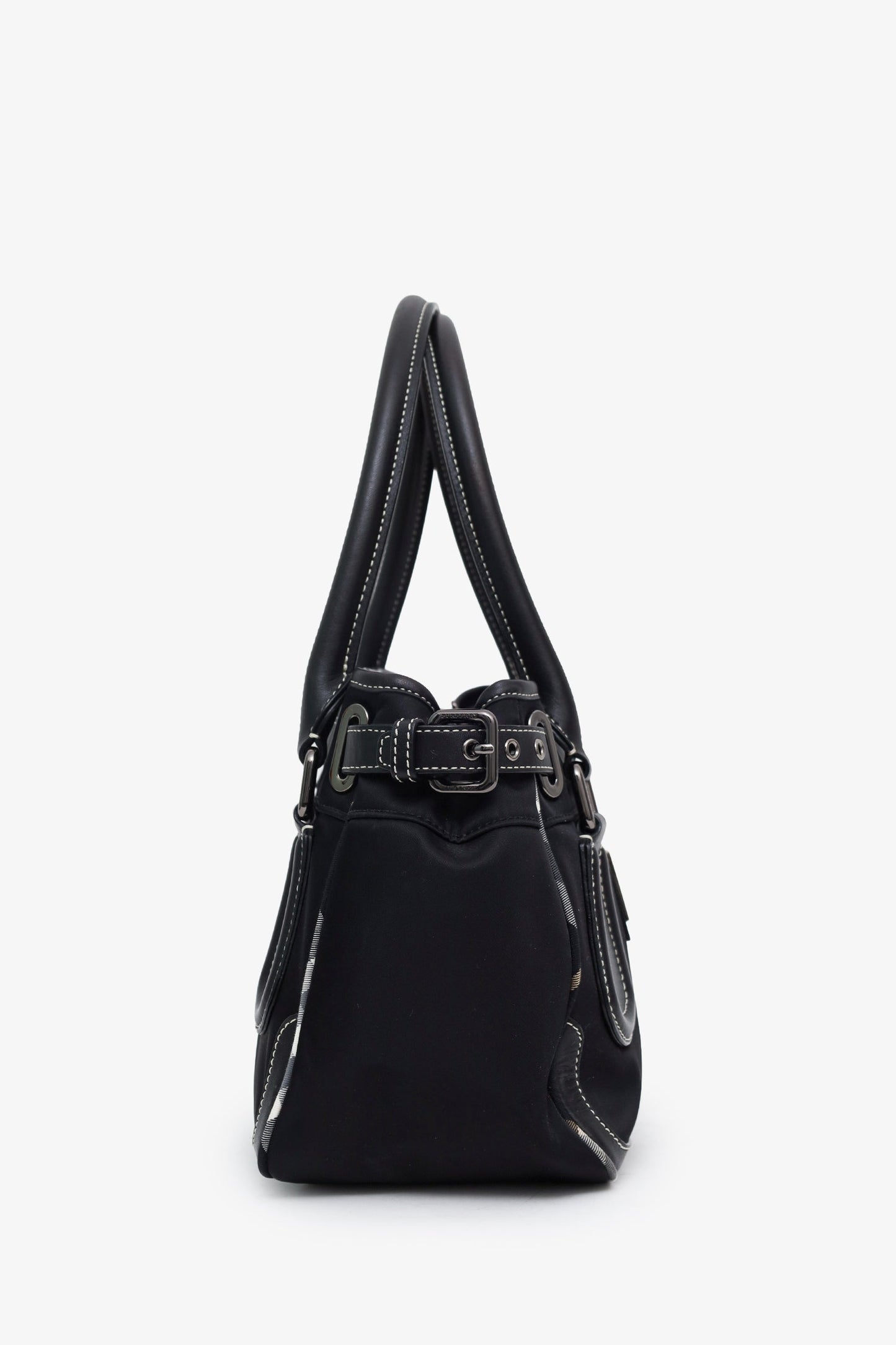 Burberry Black Nylon Leather Trimmed Top Handle Bag