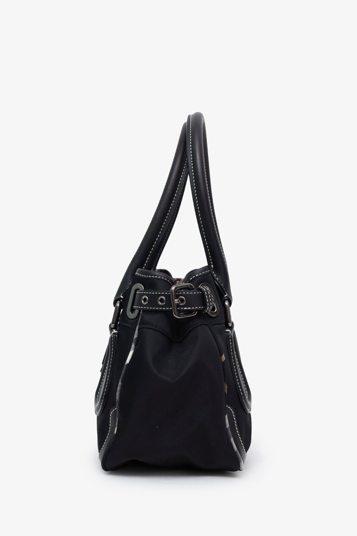 Burberry Black Nylon Leather Trimmed Top Handle Bag