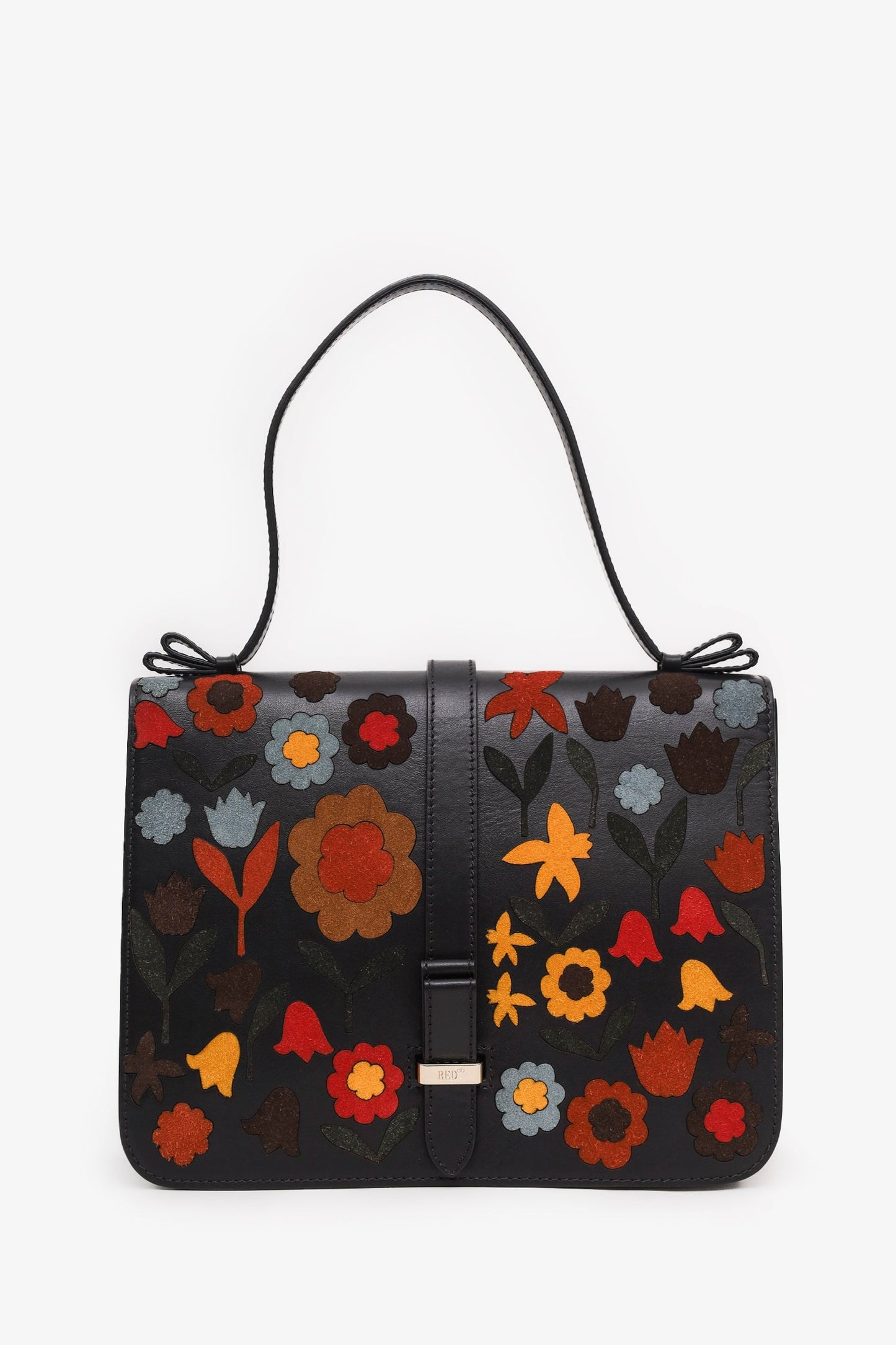 RED Valentino Black Leather Floral Suede Shoulder Bag With Strap