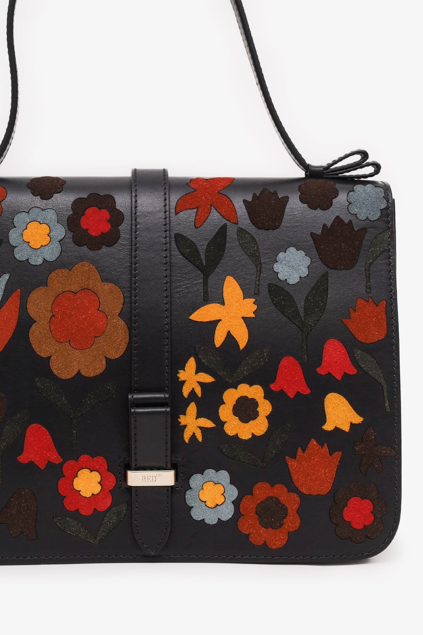 RED Valentino Black Leather Floral Suede Shoulder Bag With Strap