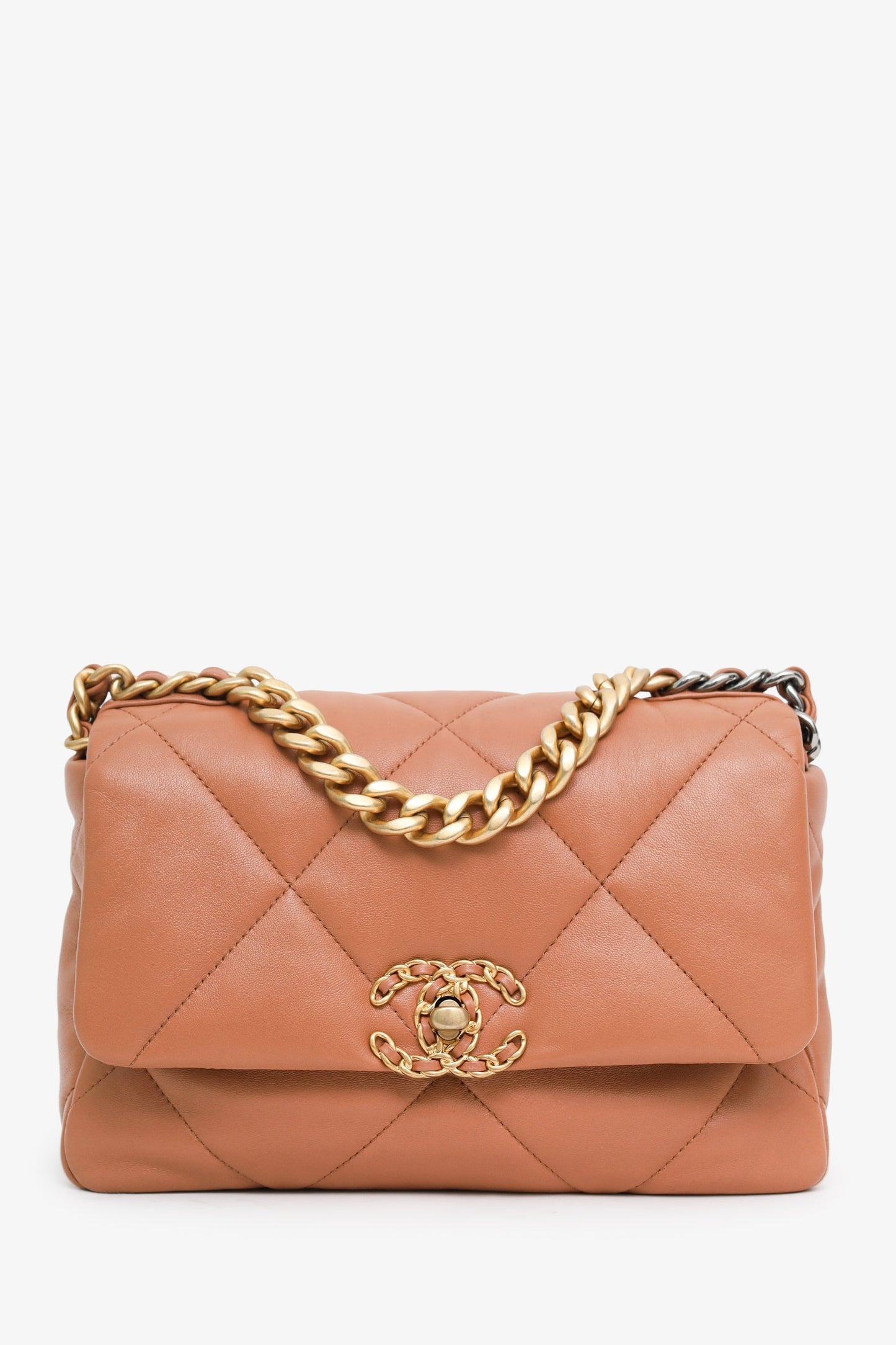 Chanel™ 2022 Brown Goatskin Leather 'Chanel 19' Small Flap Shoulder Bag