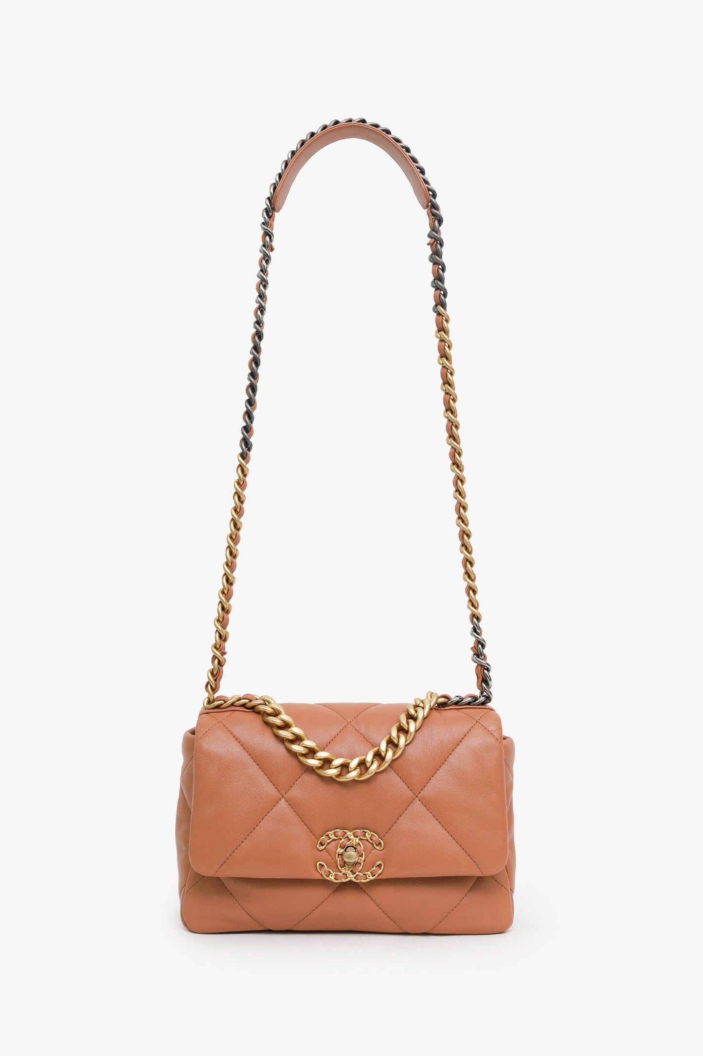 Chanel™ 2022 Brown Goatskin Leather 'Chanel 19' Small Flap Shoulder Bag