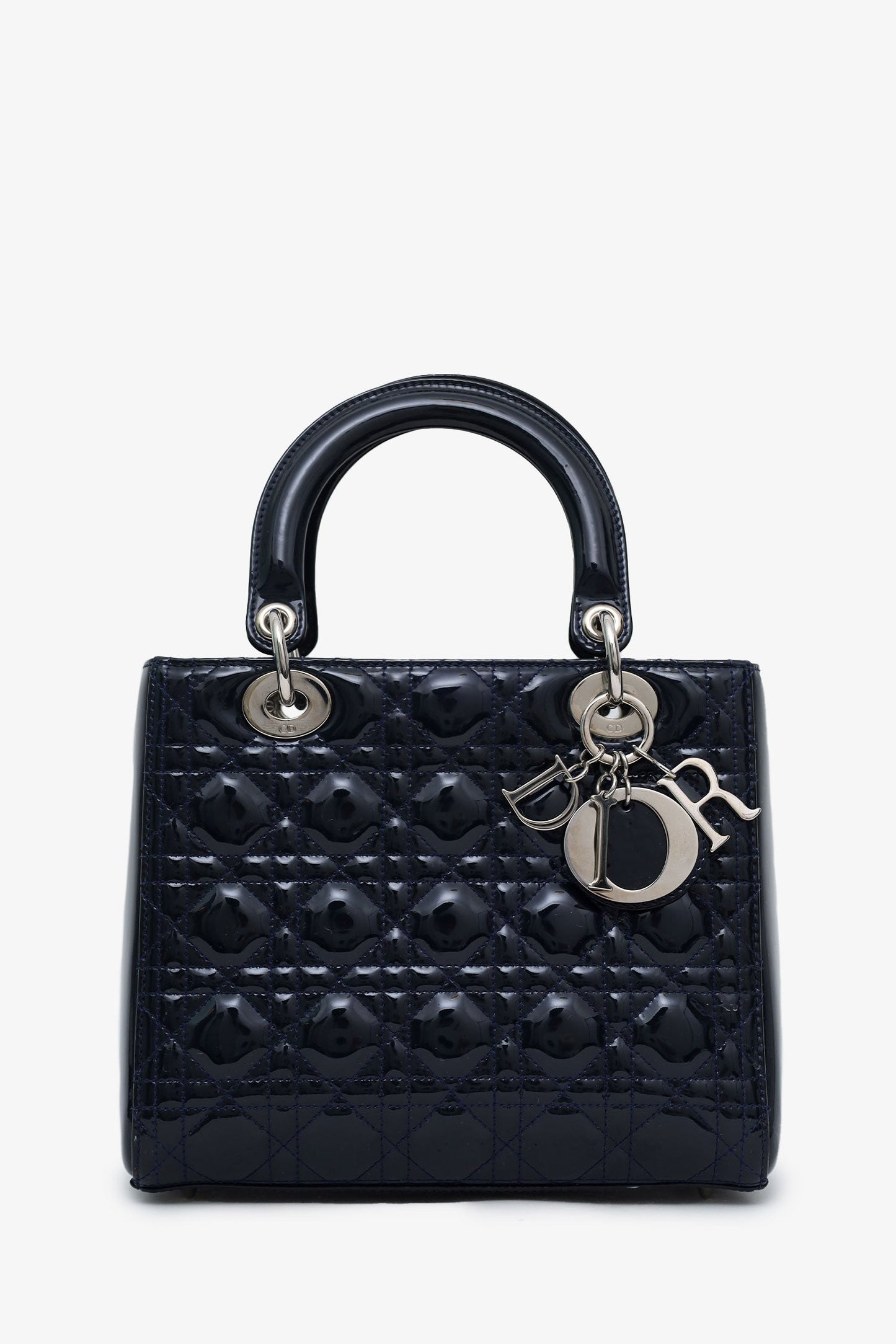 Christian Dior 2010 Navy Patent Leather Medium Lady Dior With Strap