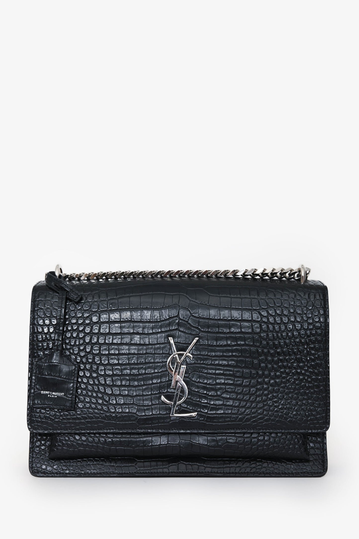 Yves Saint Laurent Black Embossed Croc Leather Medium Sunset Shoulder Bag