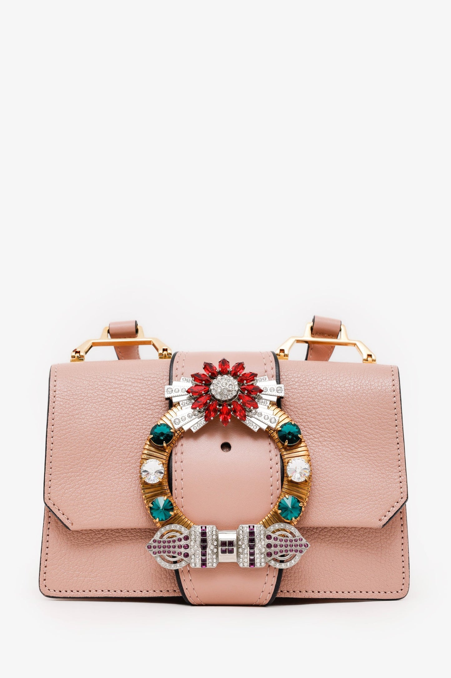 Miu Miu Pink Madras Leather Crystal Embellished Buckle Flap Shoulder Bag
