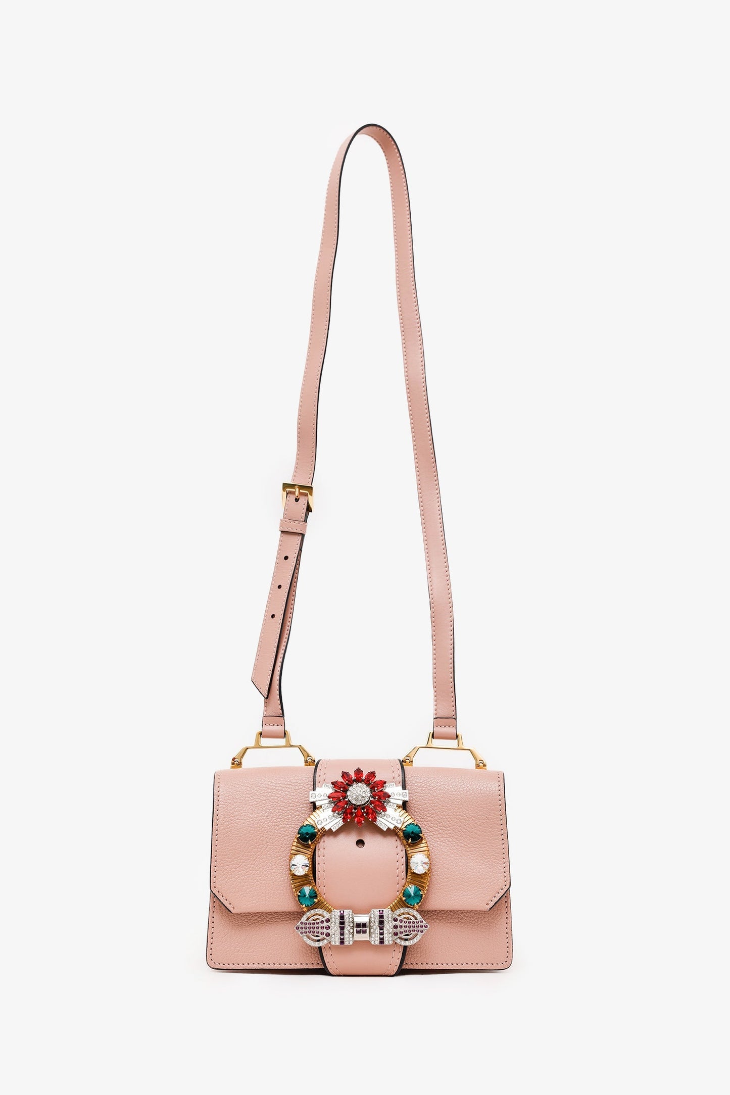 Miu Miu Pink Madras Leather Crystal Embellished Buckle Flap Shoulder Bag