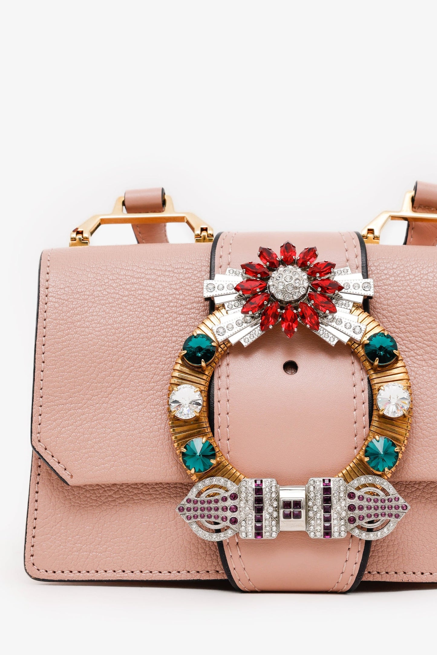 Miu Miu Pink Madras Leather Crystal Embellished Buckle Flap Shoulder Bag