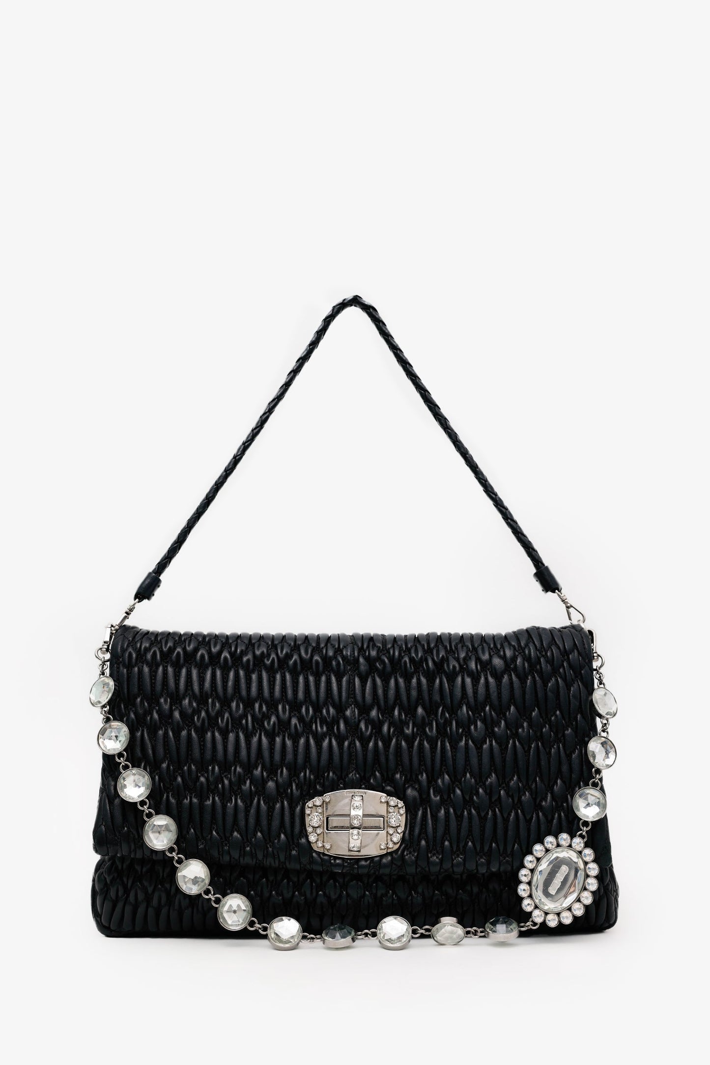 Miu Miu Black Matelasse Nappa Leather Crystal Embellished Shoulder Bag With Strap