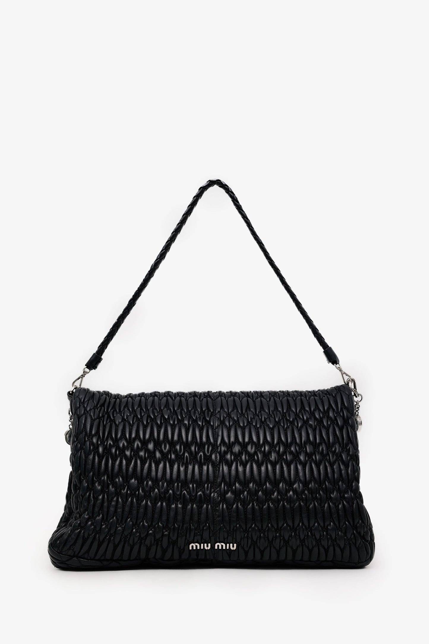 Miu Miu Black Matelasse Nappa Leather Crystal Embellished Shoulder Bag With Strap