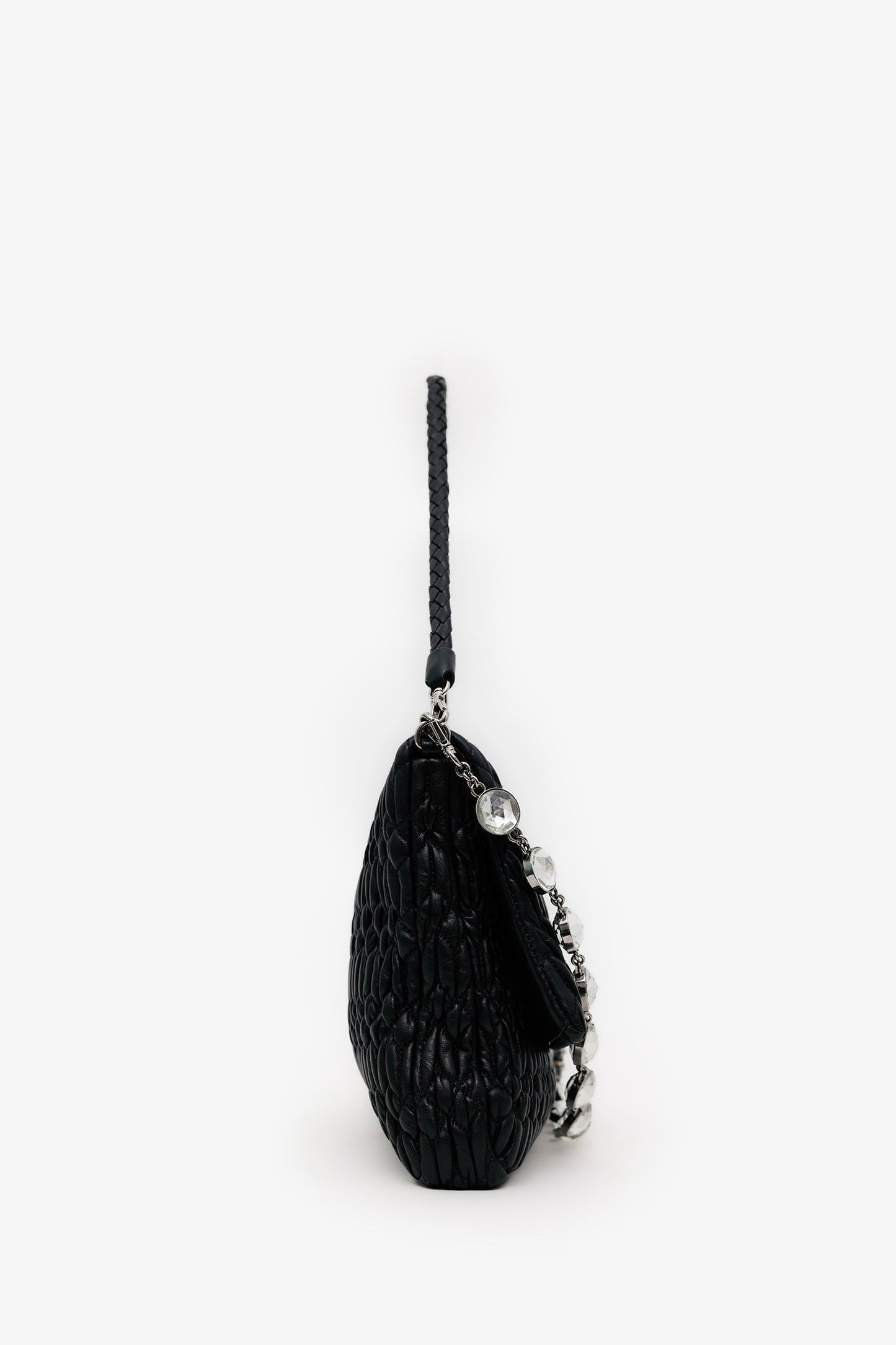 Miu Miu Black Matelasse Nappa Leather Crystal Embellished Shoulder Bag With Strap