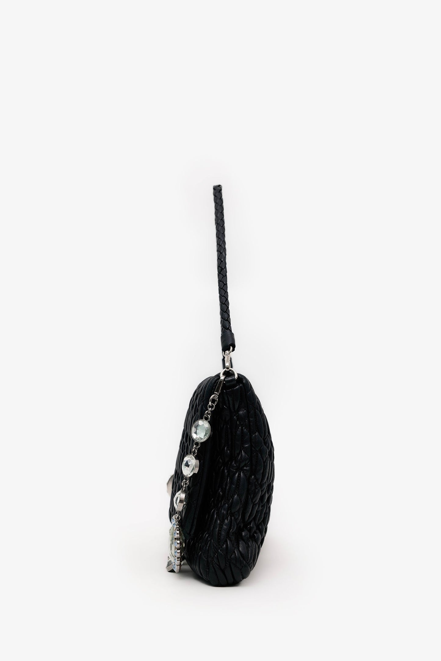 Miu Miu Black Matelasse Nappa Leather Crystal Embellished Shoulder Bag With Strap