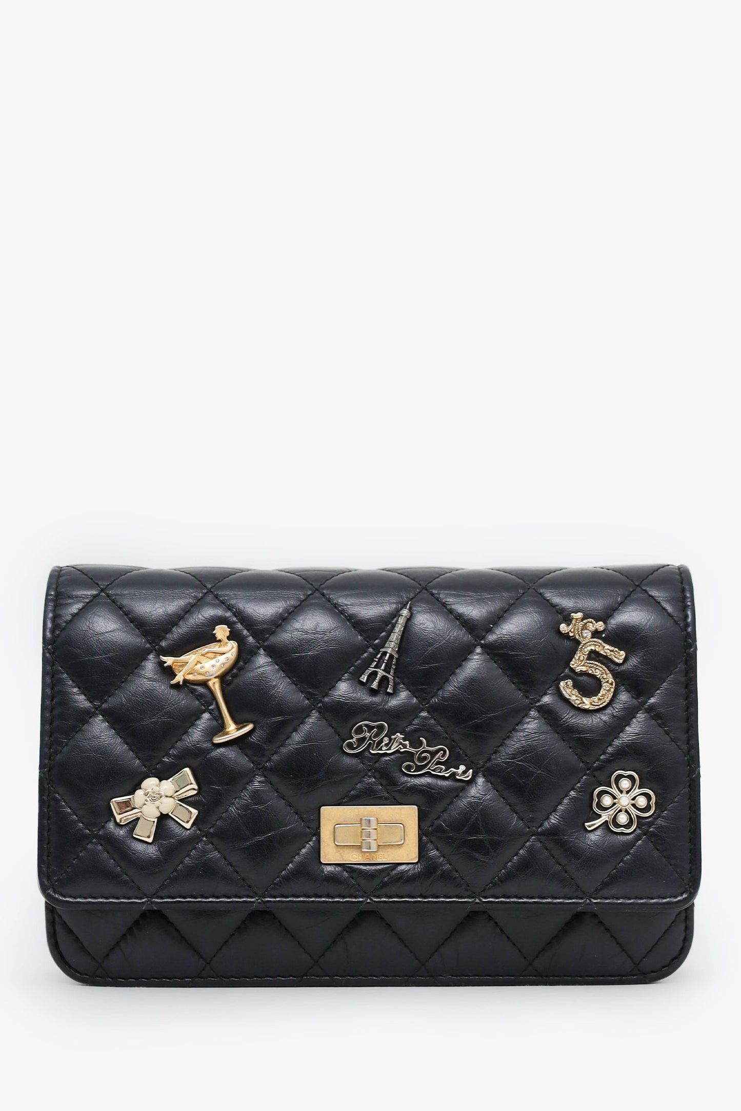 Chanel™ Black Quilted Aged Calfskin Leather Lucky Charms 2.55 Reissue Wallet on Chain