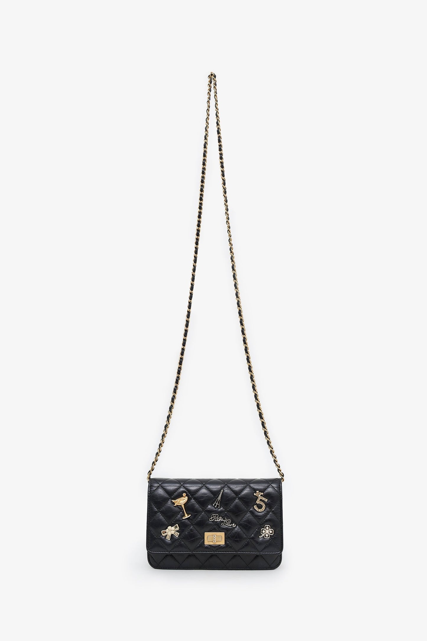 Chanel™ Black Quilted Aged Calfskin Leather Lucky Charms 2.55 Reissue Wallet on Chain