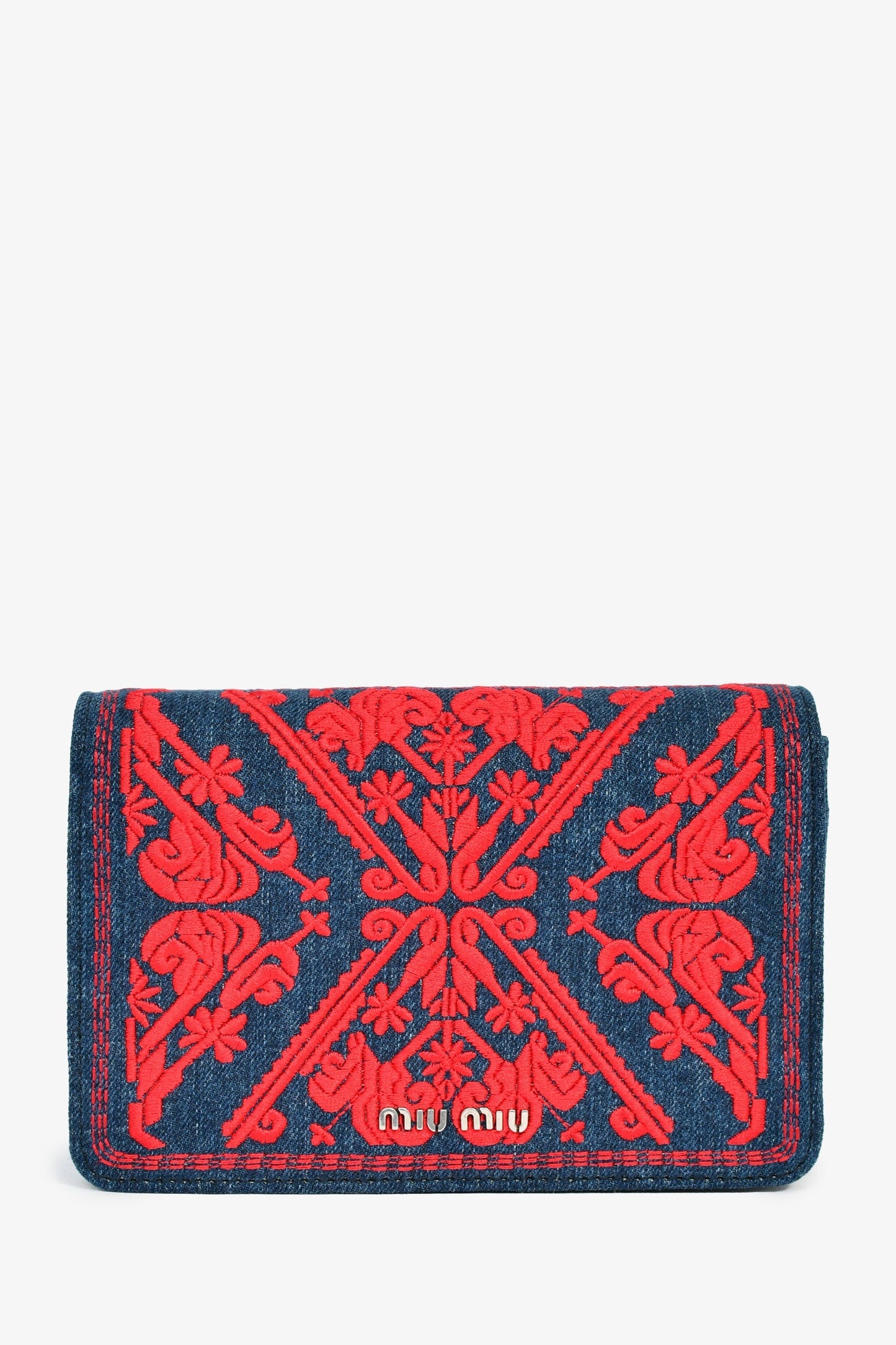 Miu Miu Blue Denim Red Embroidered Clutch