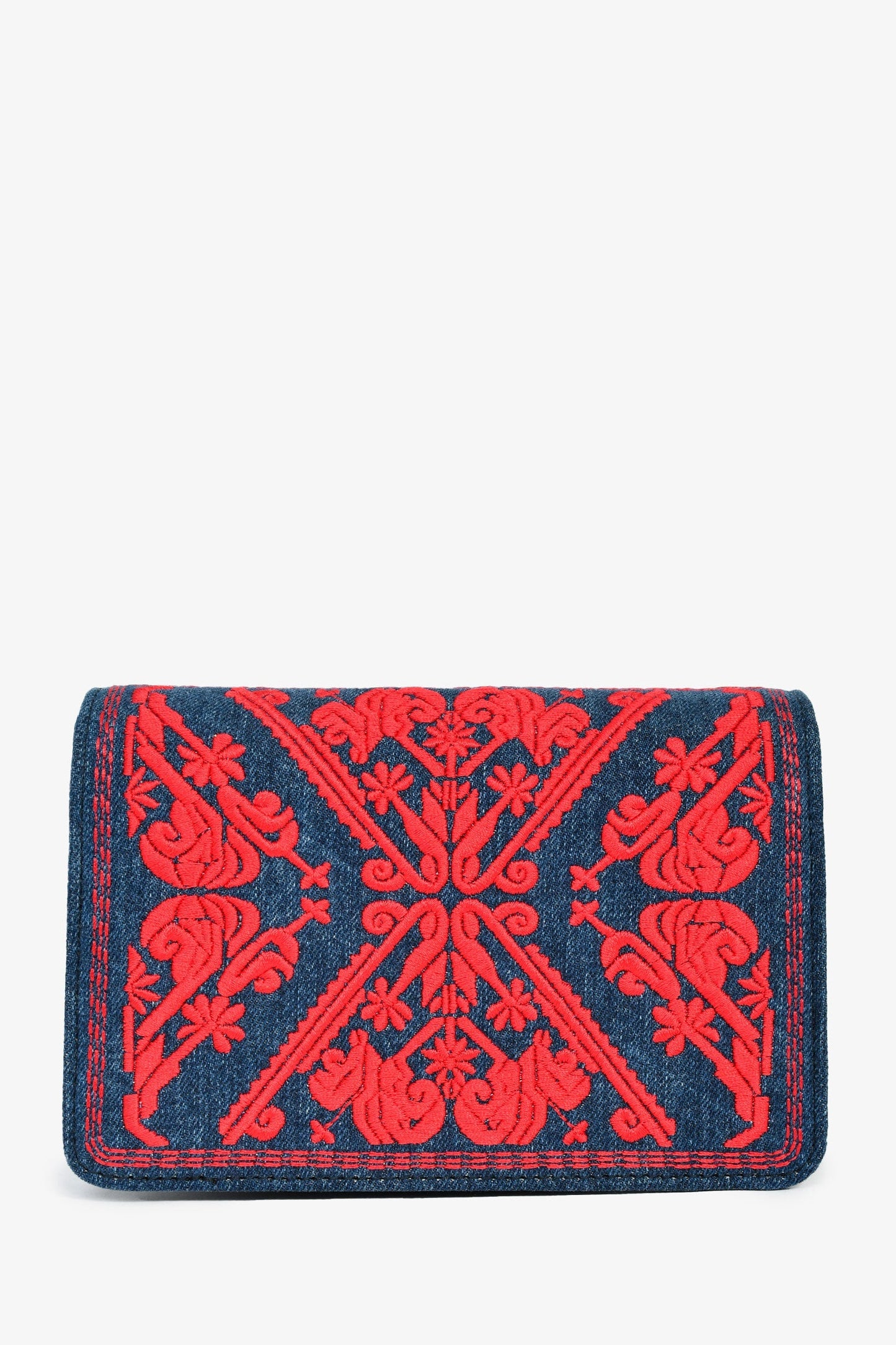 Miu Miu Blue Denim Red Embroidered Clutch