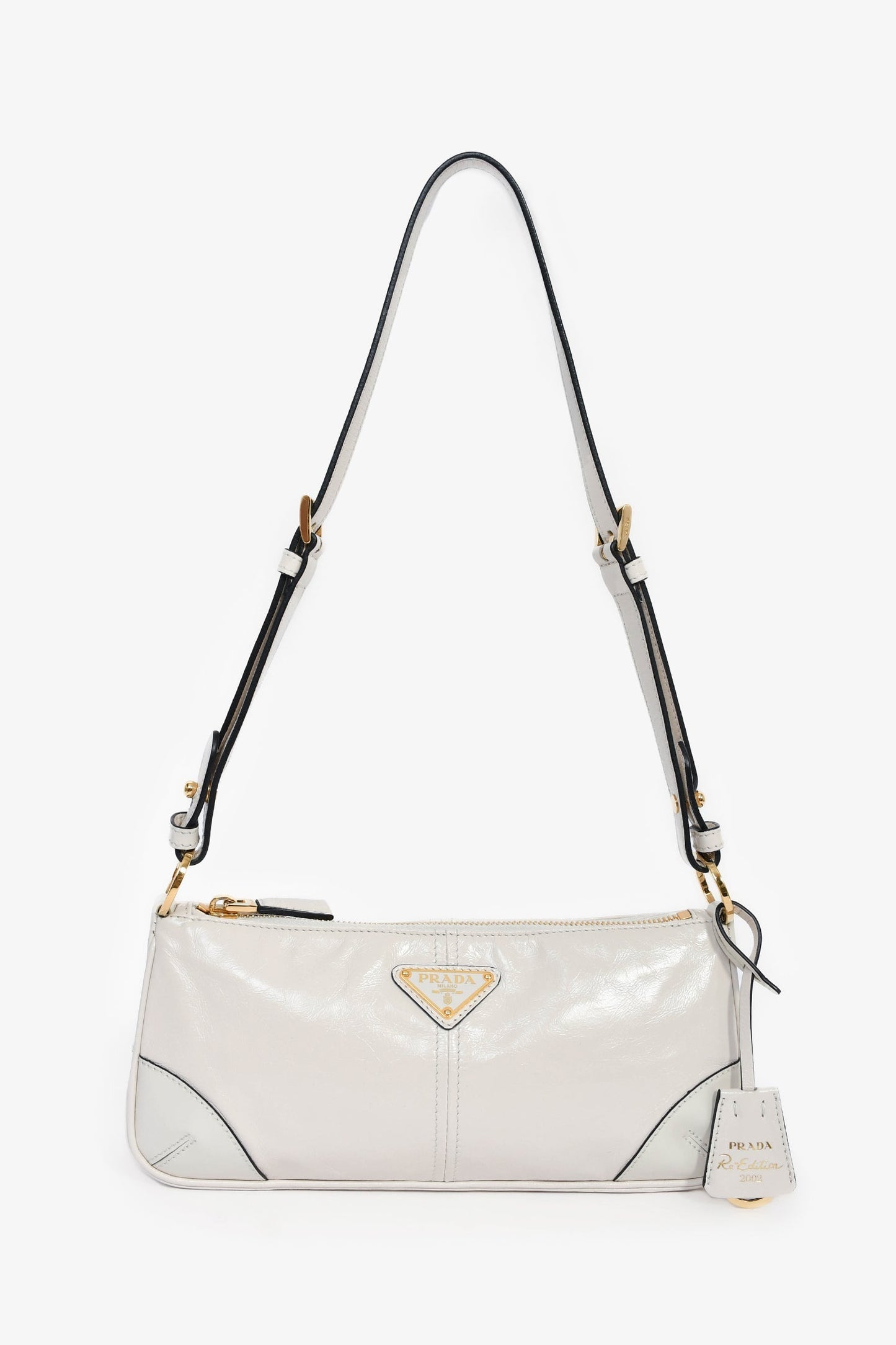 Prada White Leather 'Re-Edition 2002' Medium Shoulder Bag With Chain